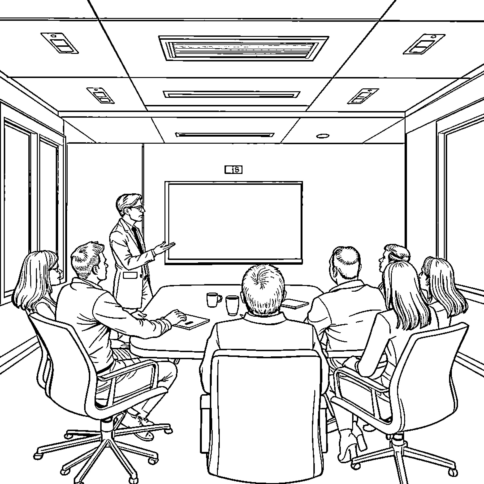 Project Manager Presenting to Team in Meeting Room Coloring Page (free black-and-white line drawing printable PDF for all, from beginners to advanced learners, including children, teens, adults, and seniors)