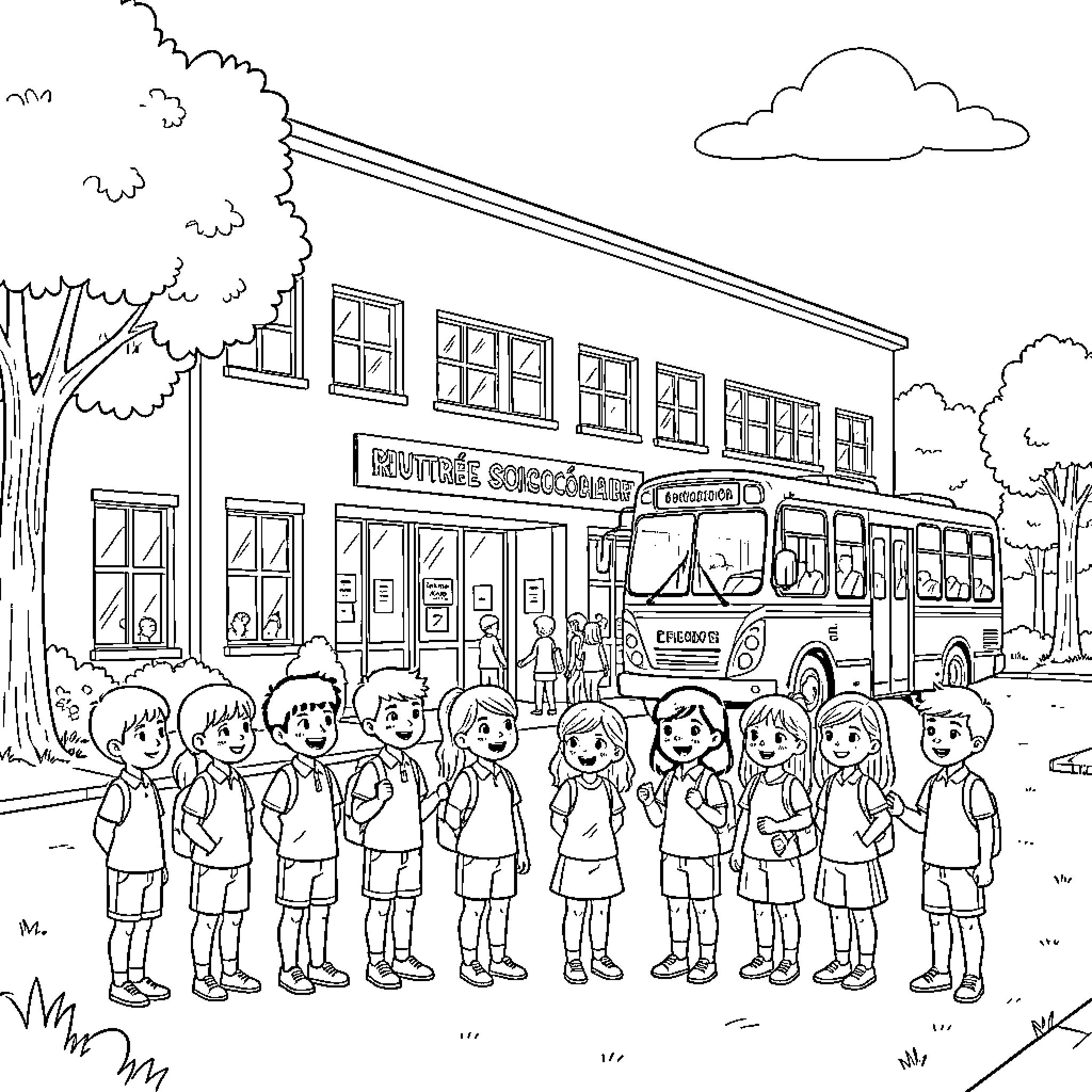 School children standing in line near a bus Coloring Page (free black-and-white line drawing printable PDF for all, from beginners to advanced learners, including children, teens, adults, and seniors)