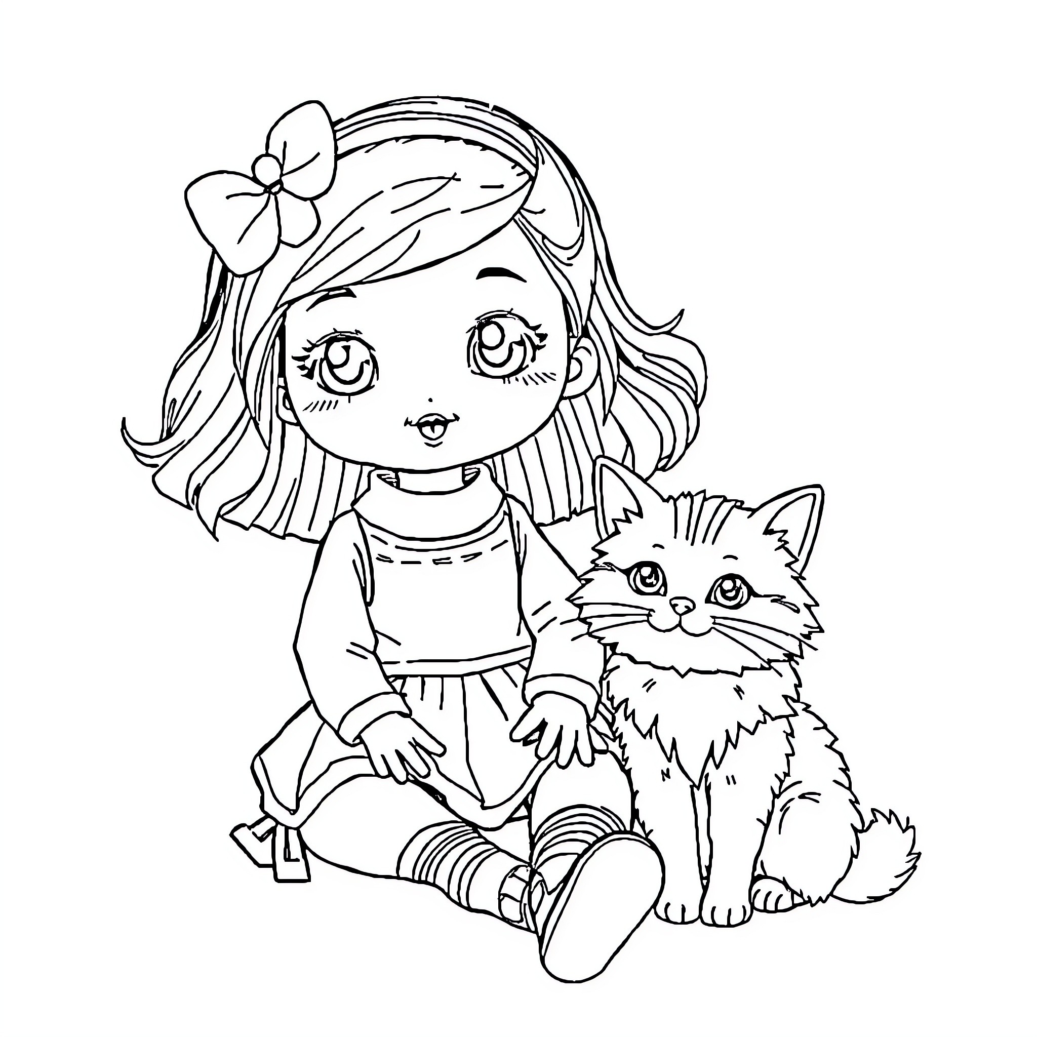 Doll with a Cute Kitten Coloring Page (free black-and-white line drawing printable PDF for all, from beginners to advanced learners, including children, teens, adults, and seniors)