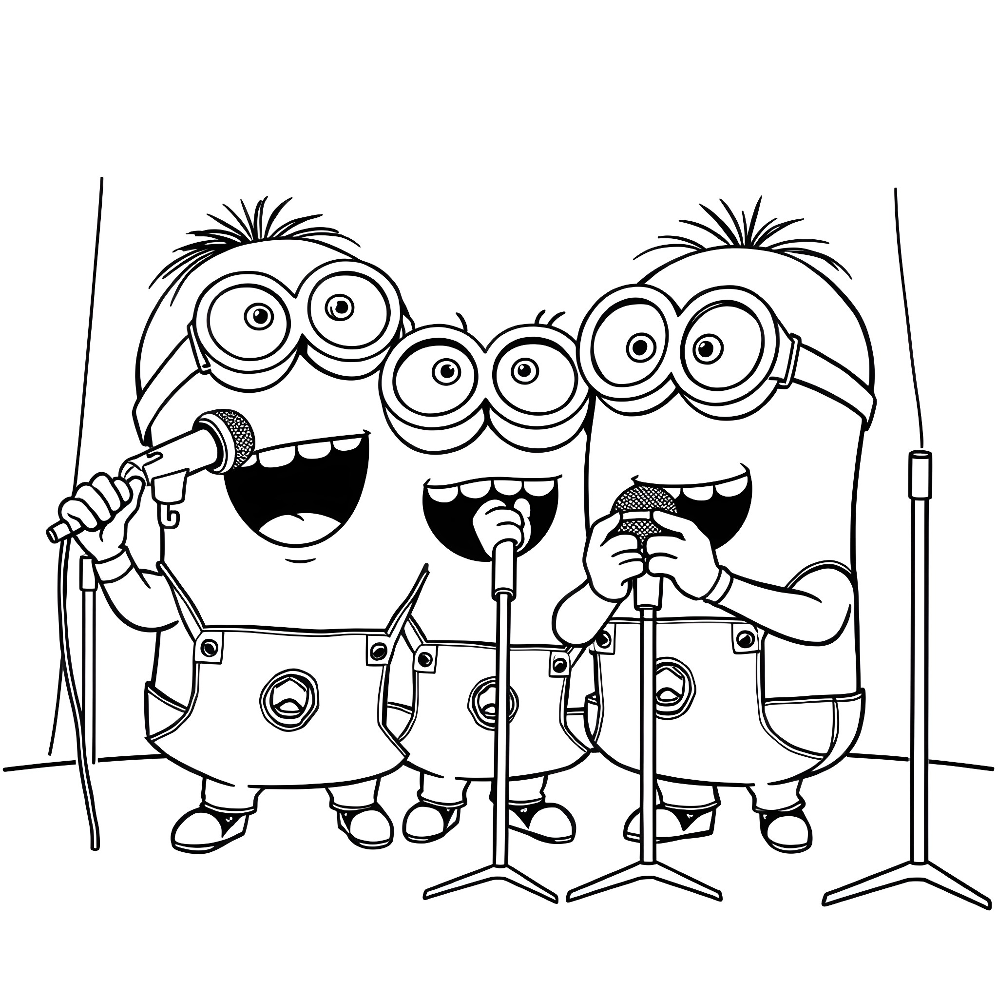 Minions singing on stage Coloring Page (free black-and-white line drawing printable PDF for all, from beginners to advanced learners, including children, teens, adults, and seniors)