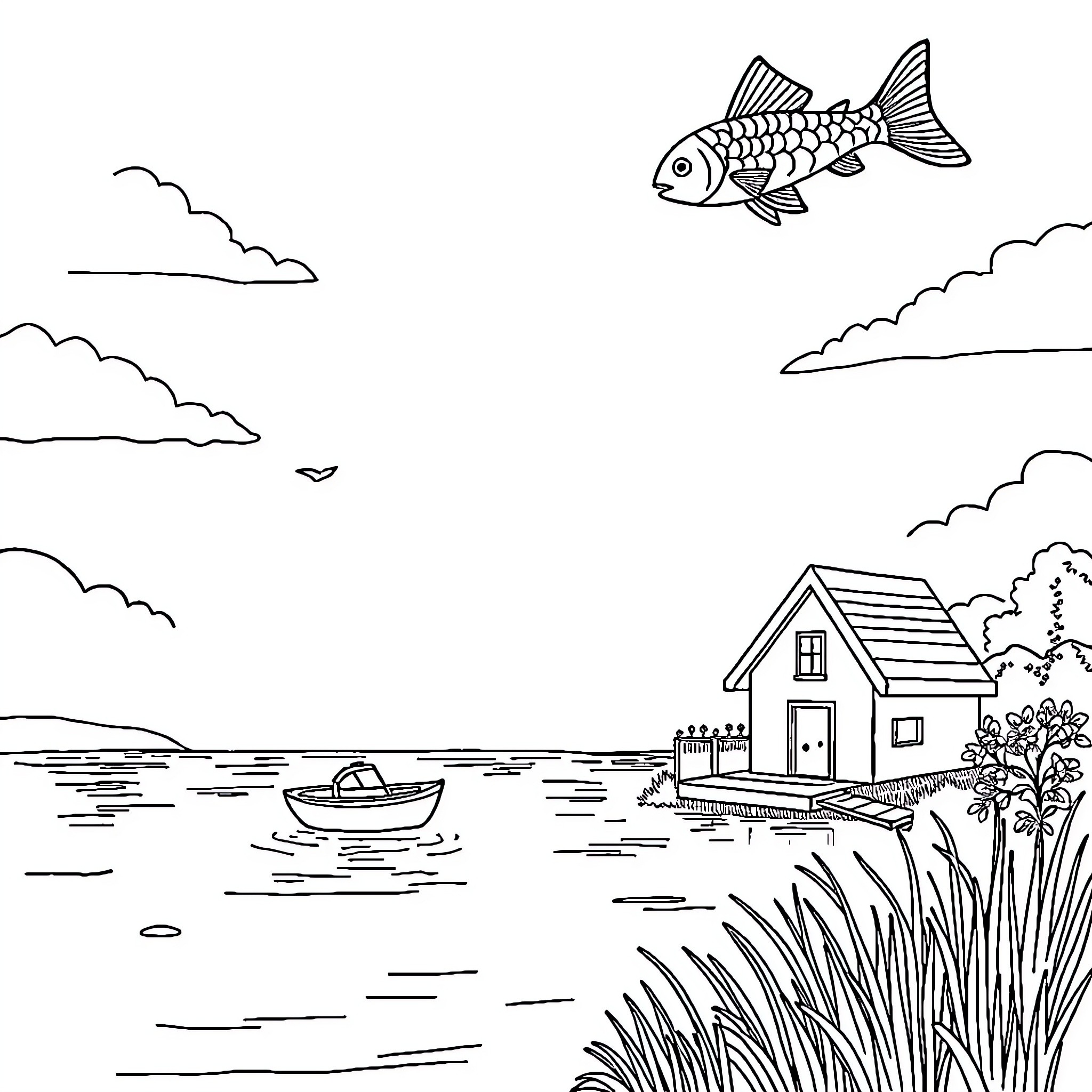 House by the river with boat and fish Coloring Page (free black-and-white line drawing printable PDF for all, from beginners to advanced learners, including children, teens, adults, and seniors)