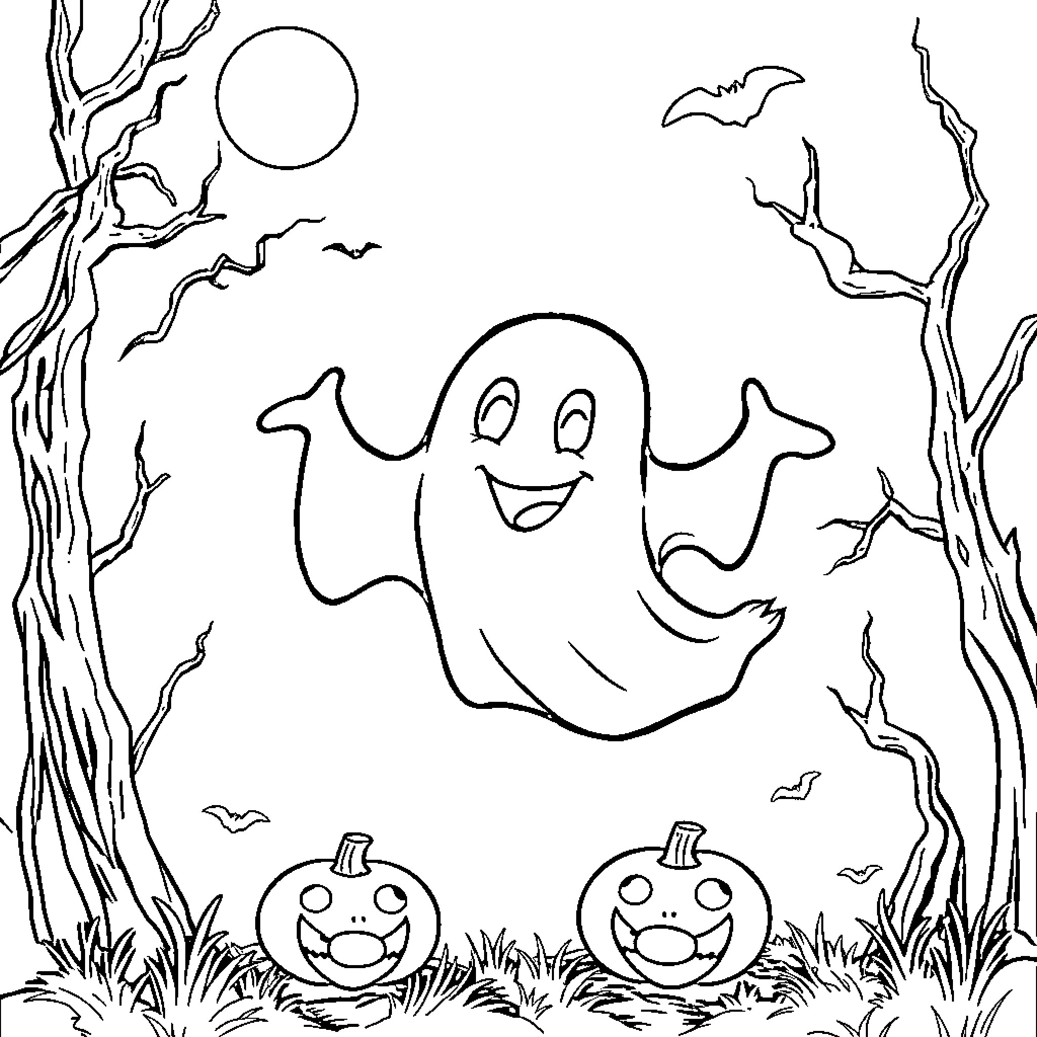 Ghost playing happily in spooky forest Coloring Page (free black-and-white line drawing printable PDF for all, from beginners to advanced learners, including children, teens, adults, and seniors)