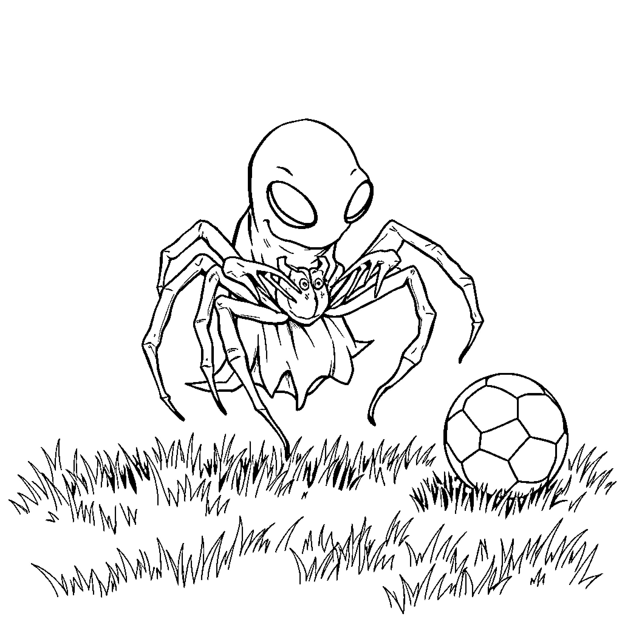 Ghost Spider enjoying a game of soccer Coloring Page (free black-and-white line drawing printable PDF for all, from beginners to advanced learners, including children, teens, adults, and seniors)