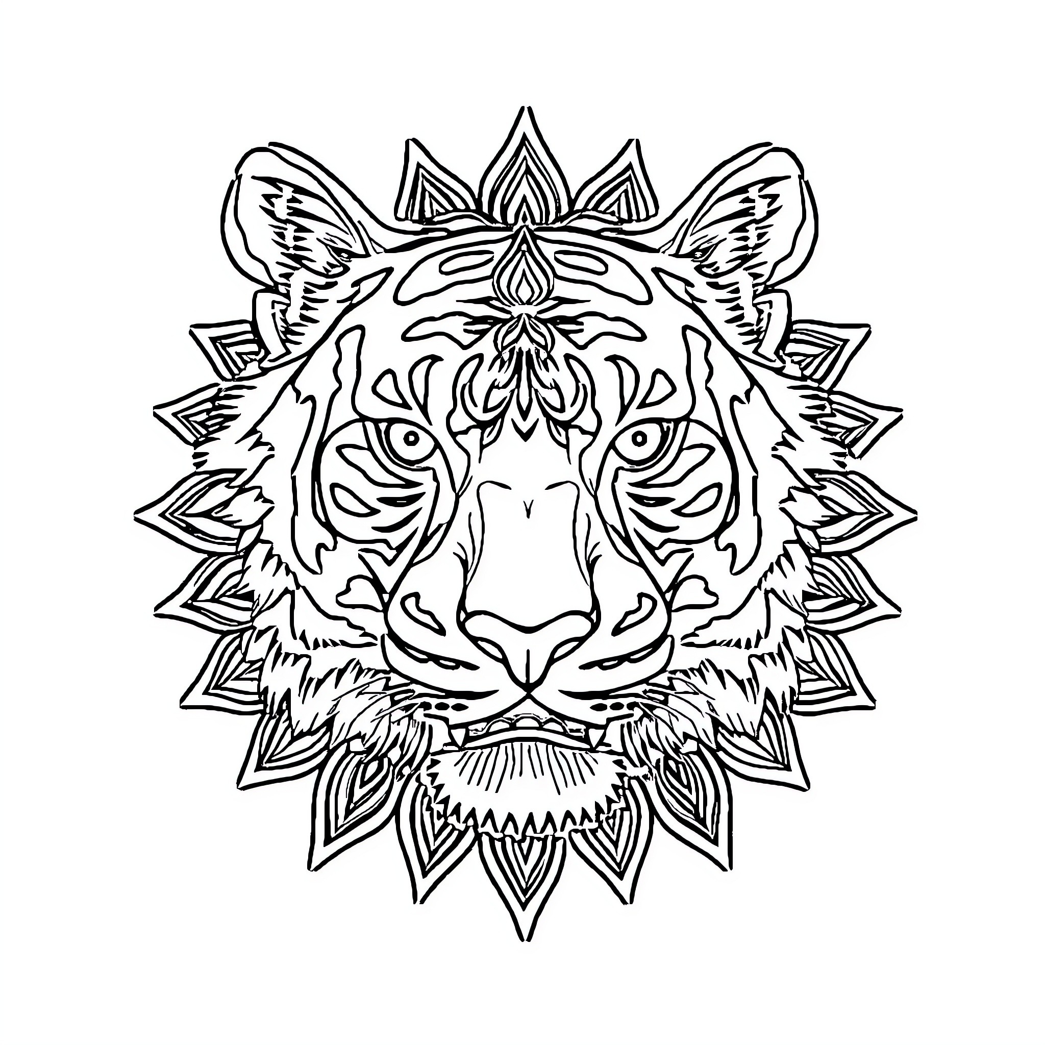 Tiger with Ornamental Patterns Coloring Page (free black-and-white line drawing printable PDF for all, from beginners to advanced learners, including children, teens, adults, and seniors)