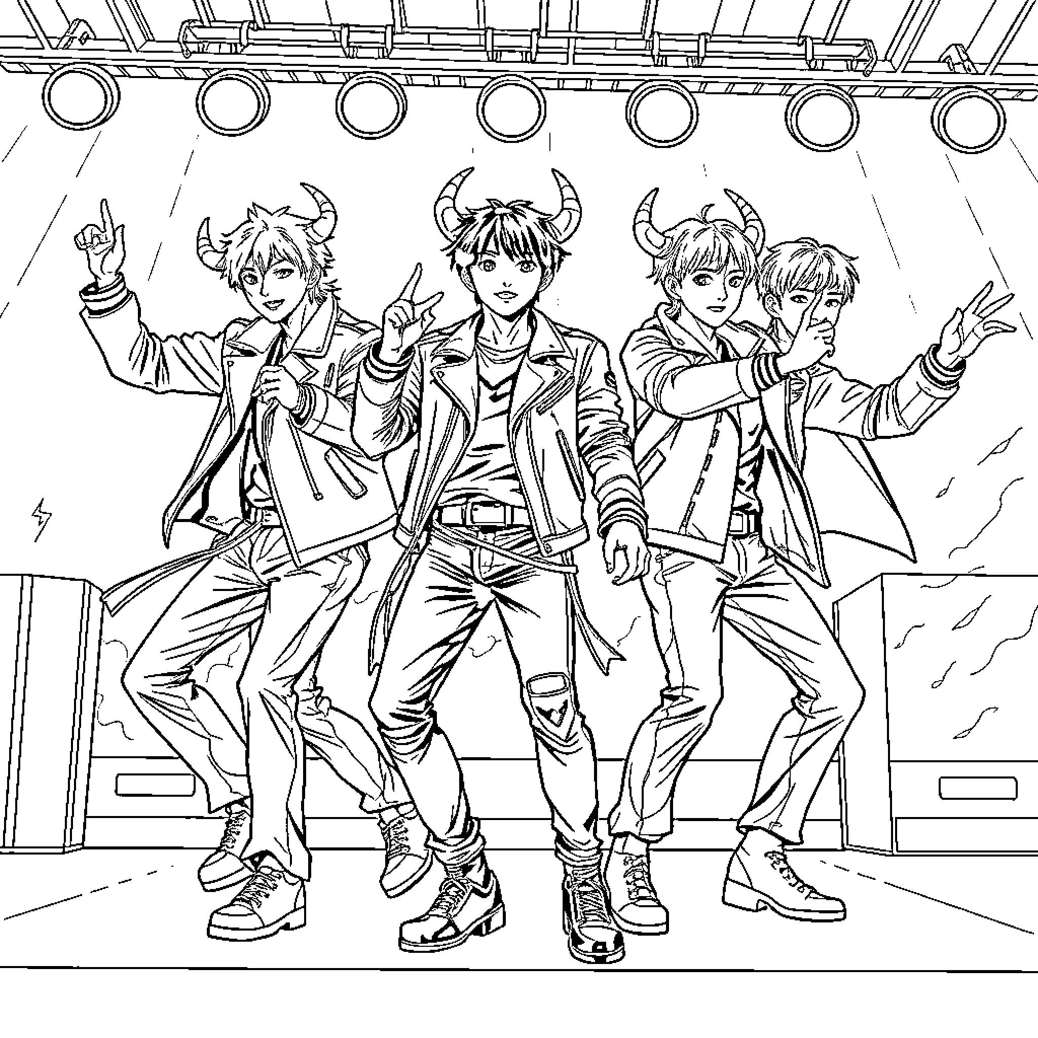 Saja Boys Performing on Stage Coloring Page (free black-and-white line drawing printable PDF for all, from beginners to advanced learners, including children, teens, adults, and seniors)