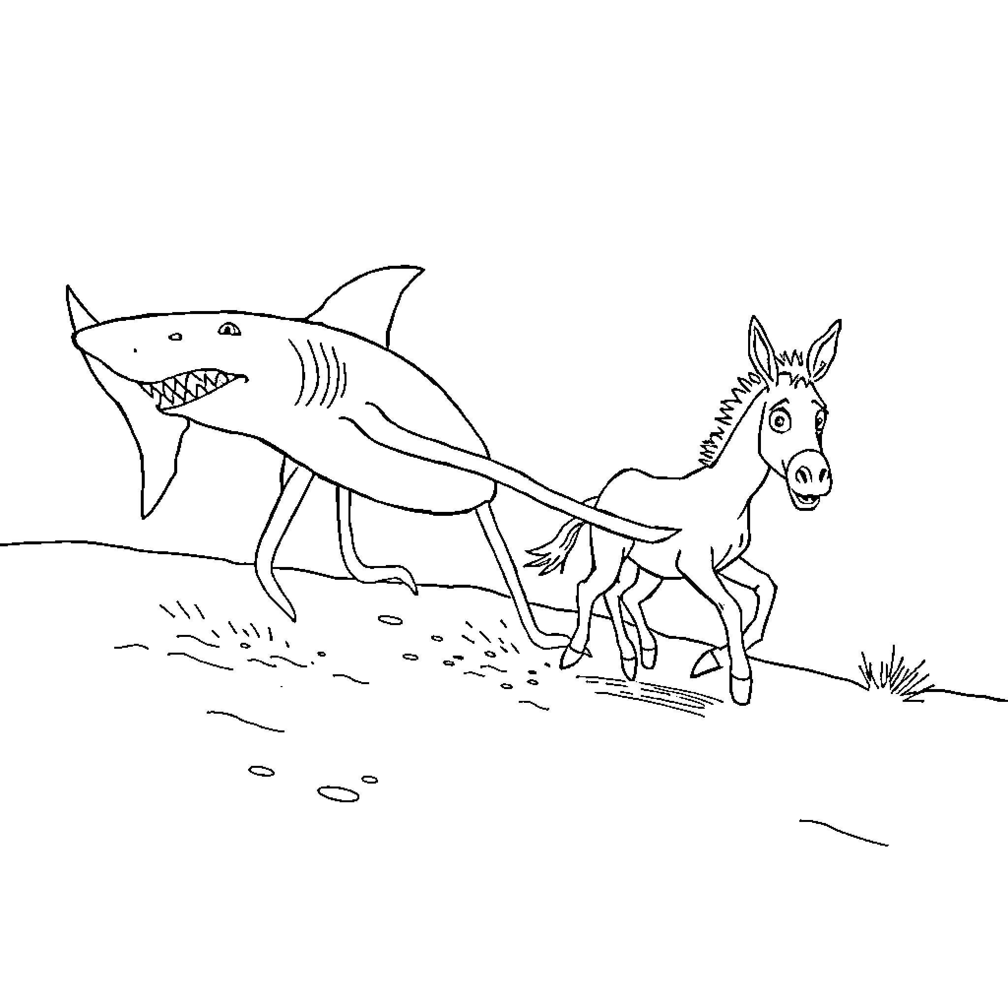 Shark chasing donkey across the meadow Coloring Page (free black-and-white line drawing printable PDF for all, from beginners to advanced learners, including children, teens, adults, and seniors)