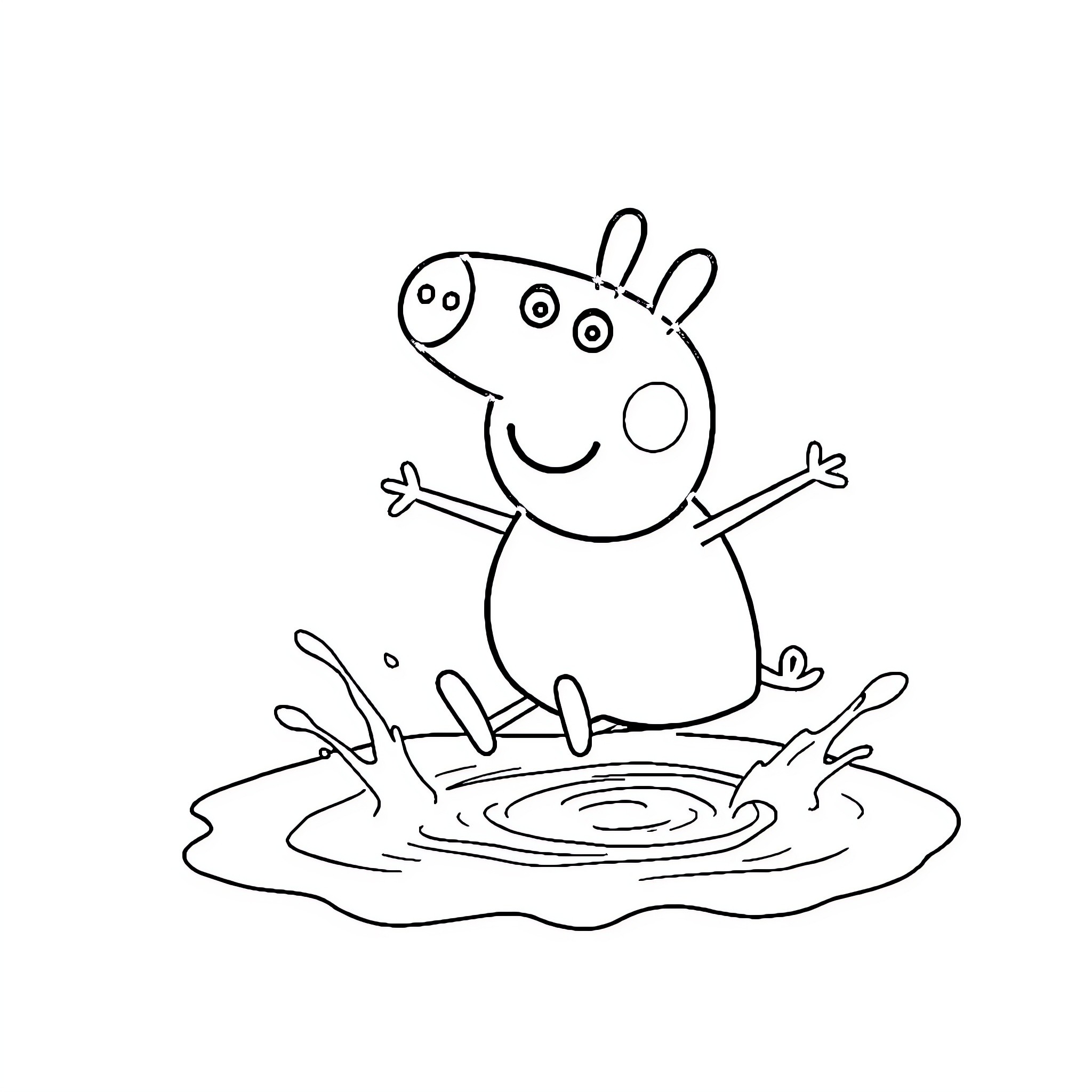 Peppa Pig playing happily in the puddle Coloring Page (free black-and-white line drawing printable PDF for all, from beginners to advanced learners, including children, teens, adults, and seniors)