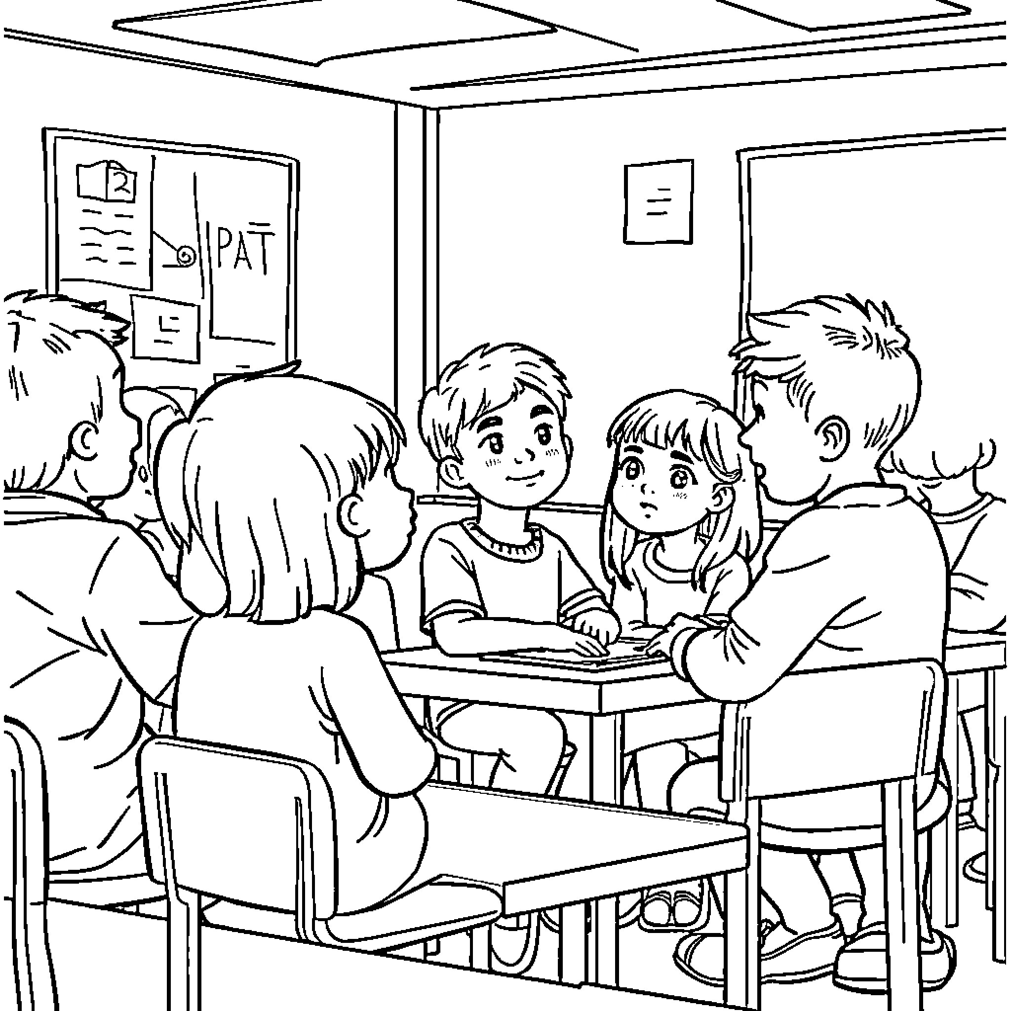 Kids studying together in the classroom Coloring Page (free black-and-white line drawing printable PDF for all, from beginners to advanced learners, including children, teens, adults, and seniors)
