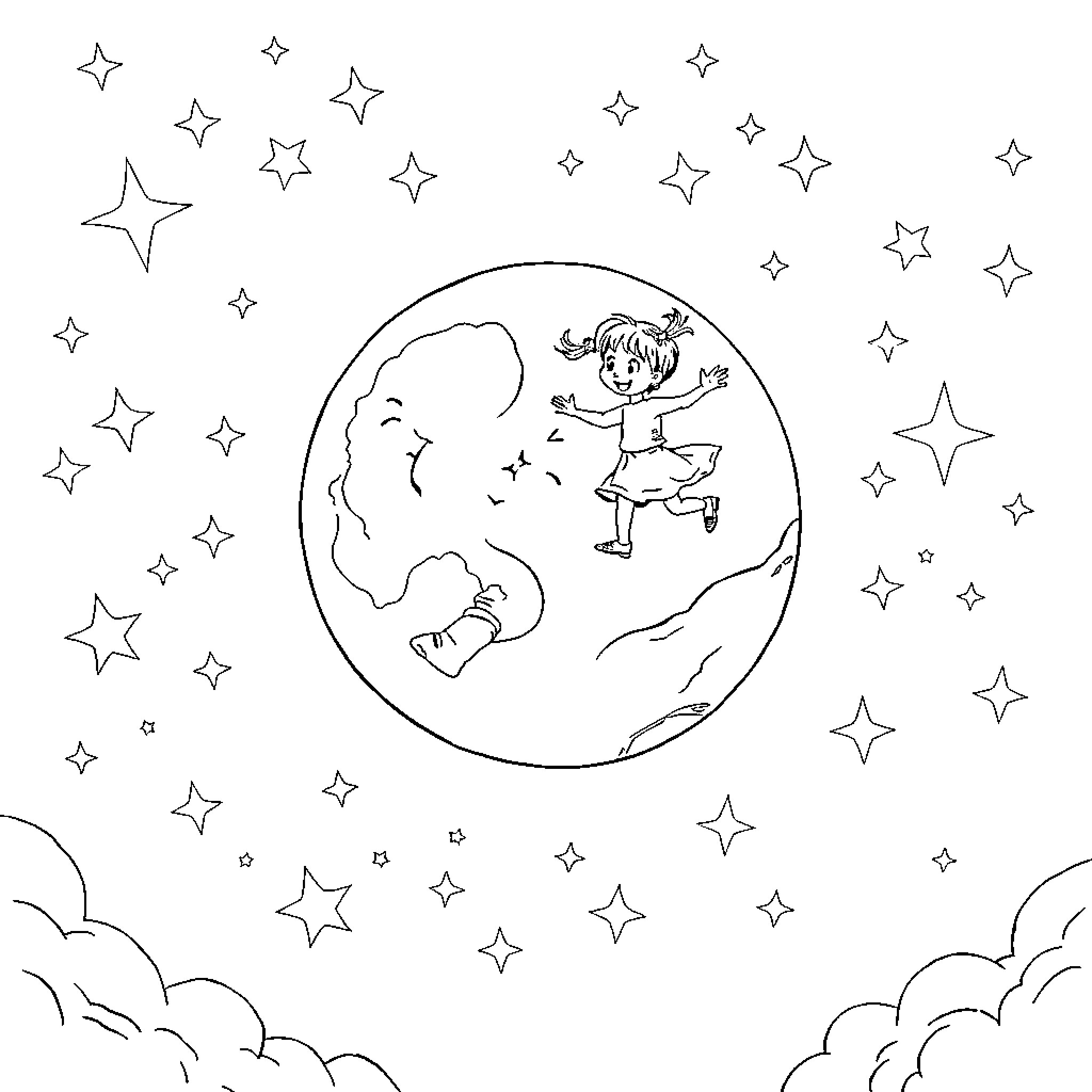 Child Exploring the Starry Night Sky Coloring Page (free black-and-white line drawing printable PDF for all, from beginners to advanced learners, including children, teens, adults, and seniors)