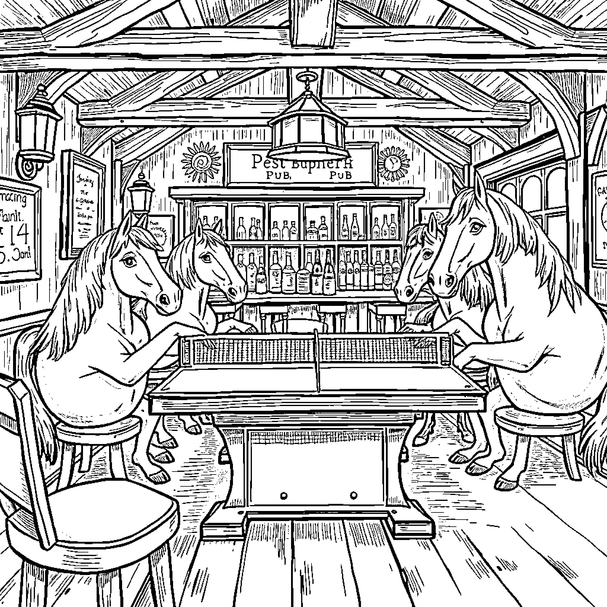 Horse-drawn carriage in a rural town pub Coloring Page (free black-and-white line drawing printable PDF for all, from beginners to advanced learners, including children, teens, adults, and seniors)