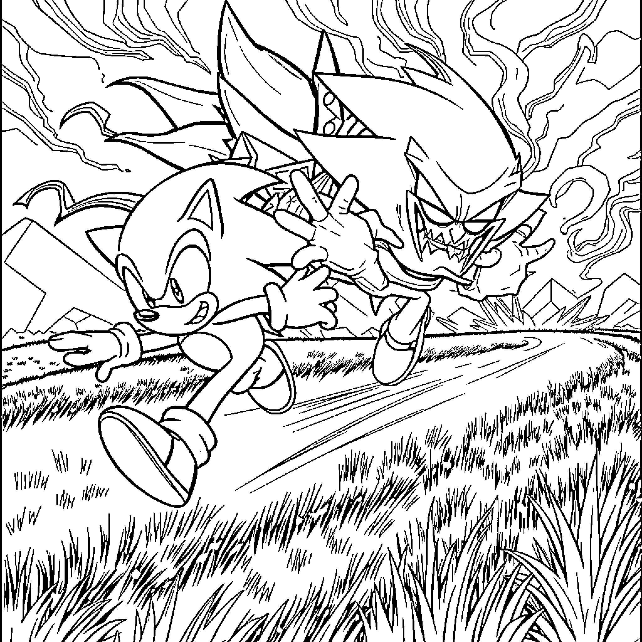 Sonic Characters in Action-Packed Scene Coloring Page (free black-and-white line drawing printable PDF for all, from beginners to advanced learners, including children, teens, adults, and seniors)