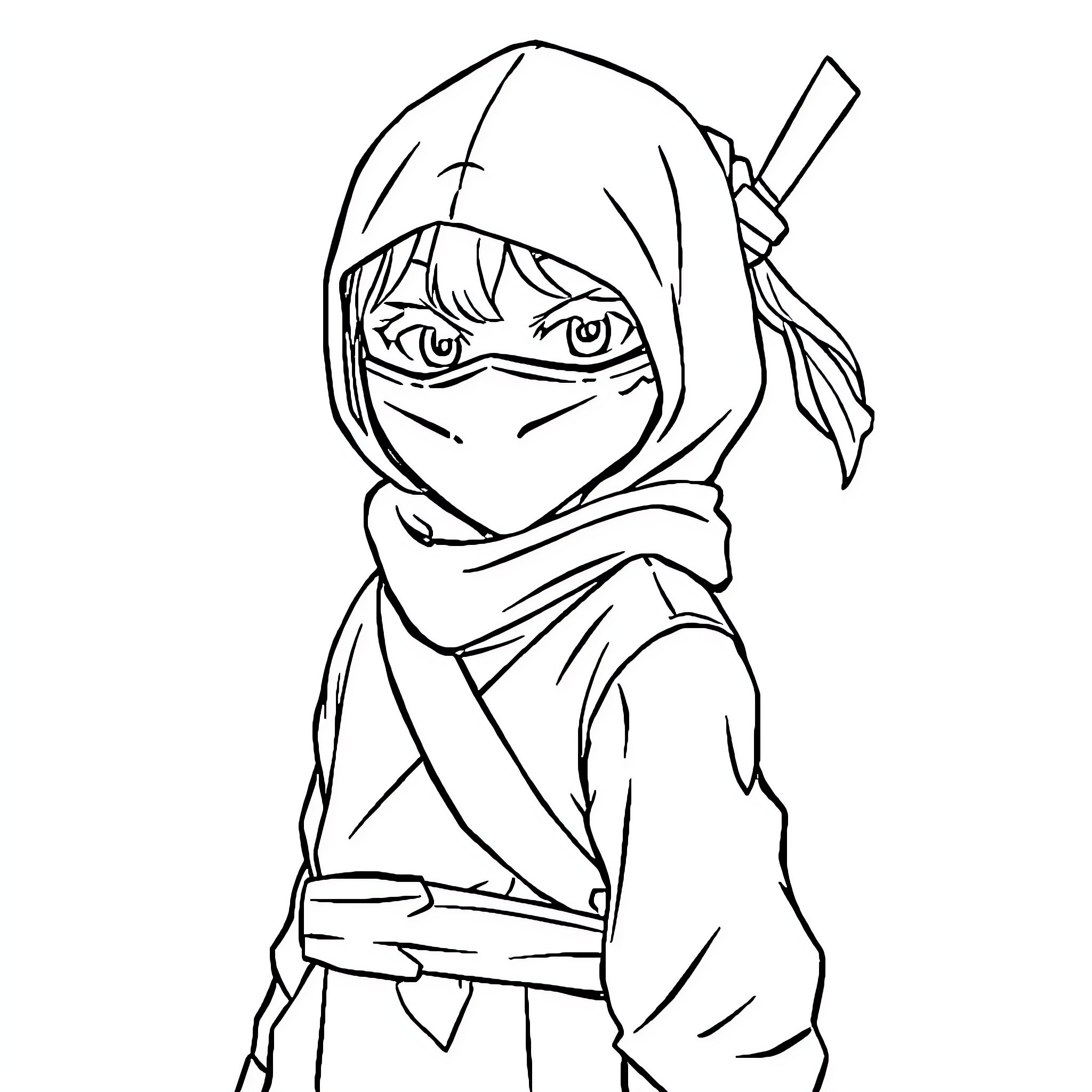 Ninja in mysterious pose with hood and mask Coloring Page (free black-and-white line drawing printable PDF for all, from beginners to advanced learners, including children, teens, adults, and seniors)