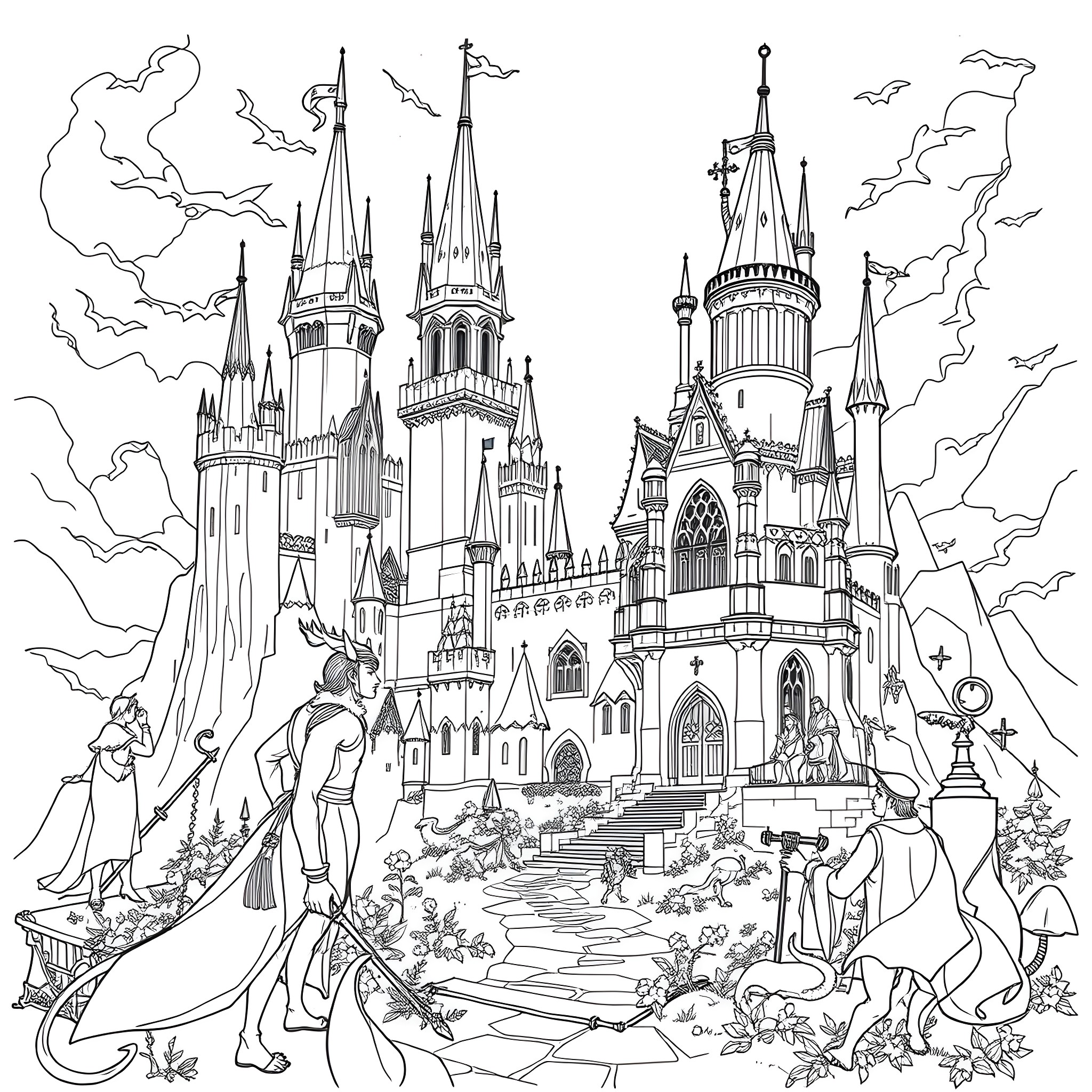 Fantasy castle with fantastical figures and elements Coloring Page (free black-and-white line drawing printable PDF for all, from beginners to advanced learners, including children, teens, adults, and seniors)