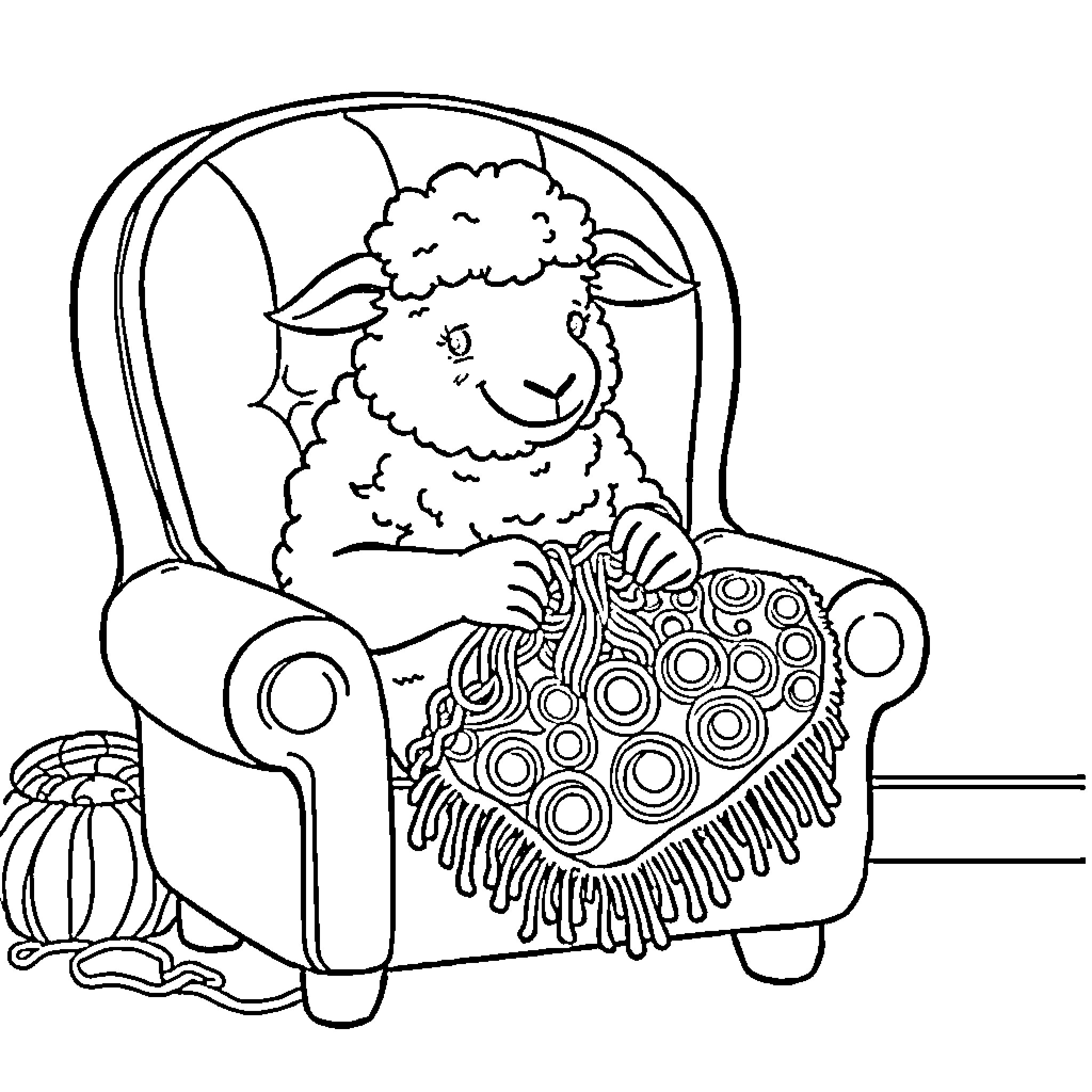 Sheep relaxing comfortably in an armchair Coloring Page (free black-and-white line drawing printable PDF for all, from beginners to advanced learners, including children, teens, adults, and seniors)