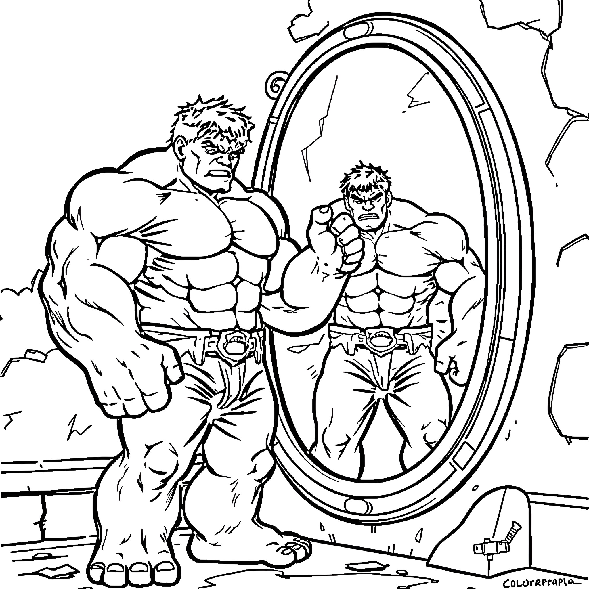 Hulk battling his reflection in a cracked mirror Coloring Page (free black-and-white line drawing printable PDF for all, from beginners to advanced learners, including children, teens, adults, and seniors)