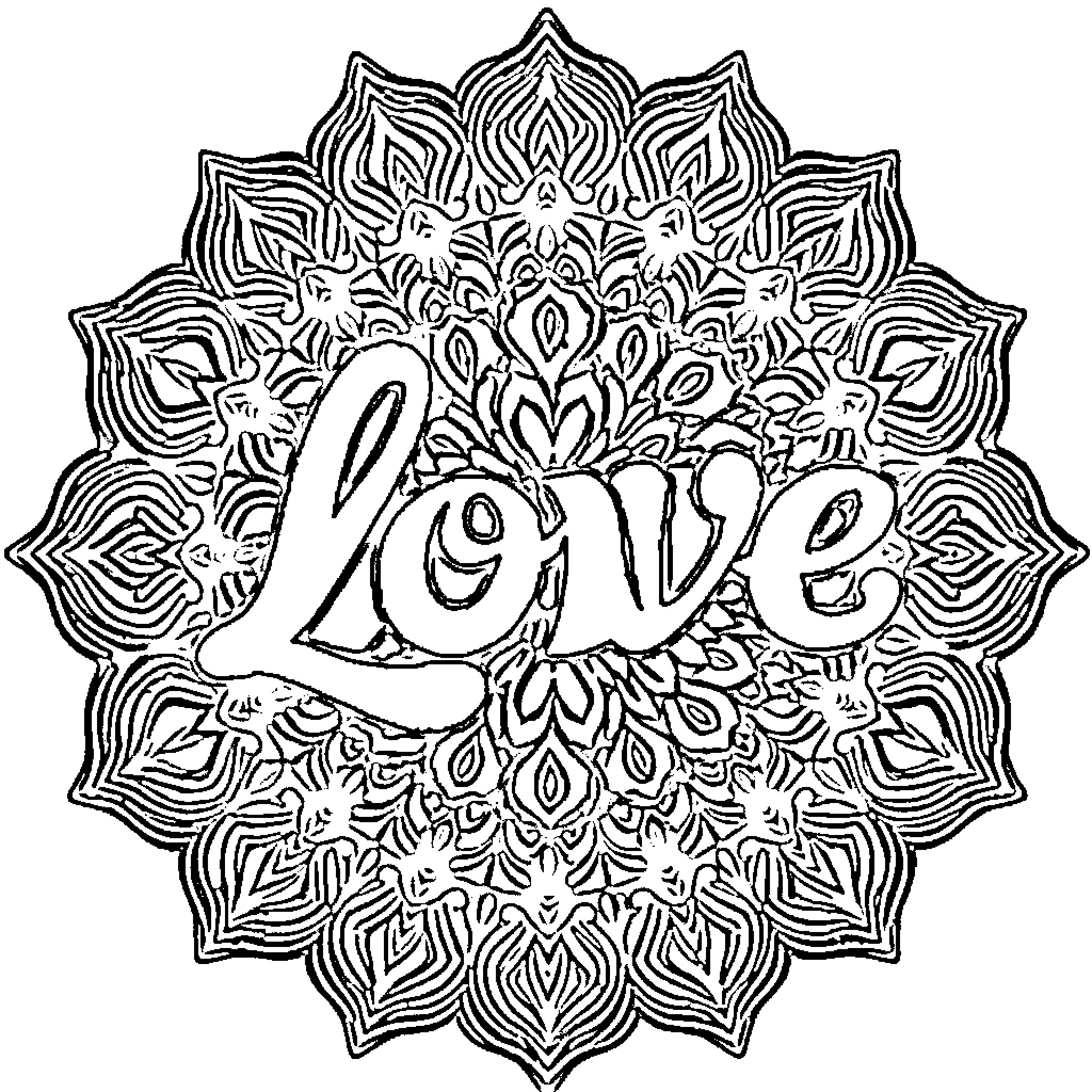 Love Blooms in the Mandala Coloring Page (free black-and-white line drawing printable PDF for all, from beginners to advanced learners, including children, teens, adults, and seniors)