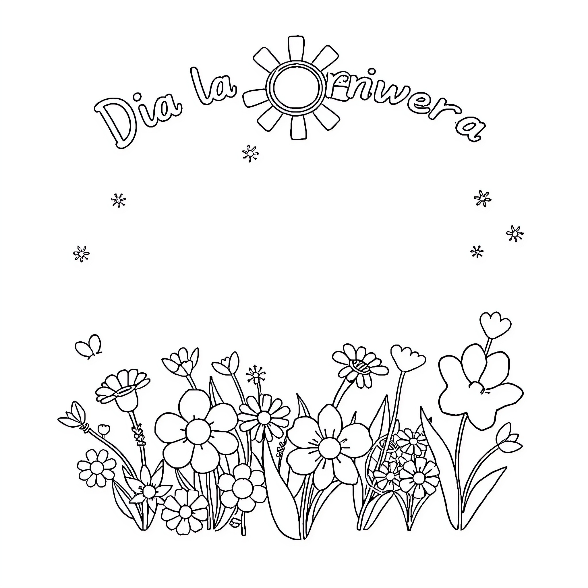 Spring flowers and sunshine Coloring Page (free black-and-white line drawing printable PDF for all, from beginners to advanced learners, including children, teens, adults, and seniors)