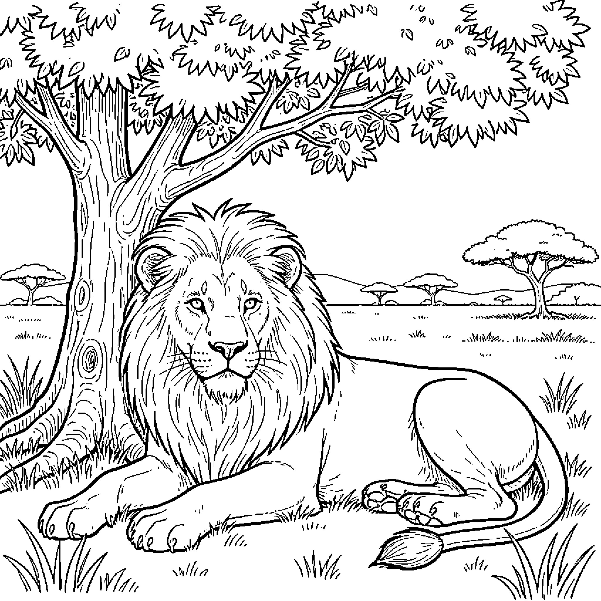 Lion resting peacefully in the wild Coloring Page (free black-and-white line drawing printable PDF for all, from beginners to advanced learners, including children, teens, adults, and seniors)