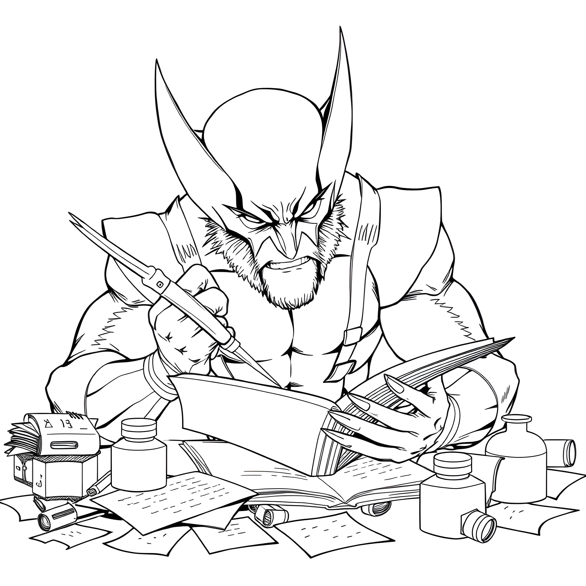 Wolverine intensely focused on desk work Coloring Page (free black-and-white line drawing printable PDF for all, from beginners to advanced learners, including children, teens, adults, and seniors)