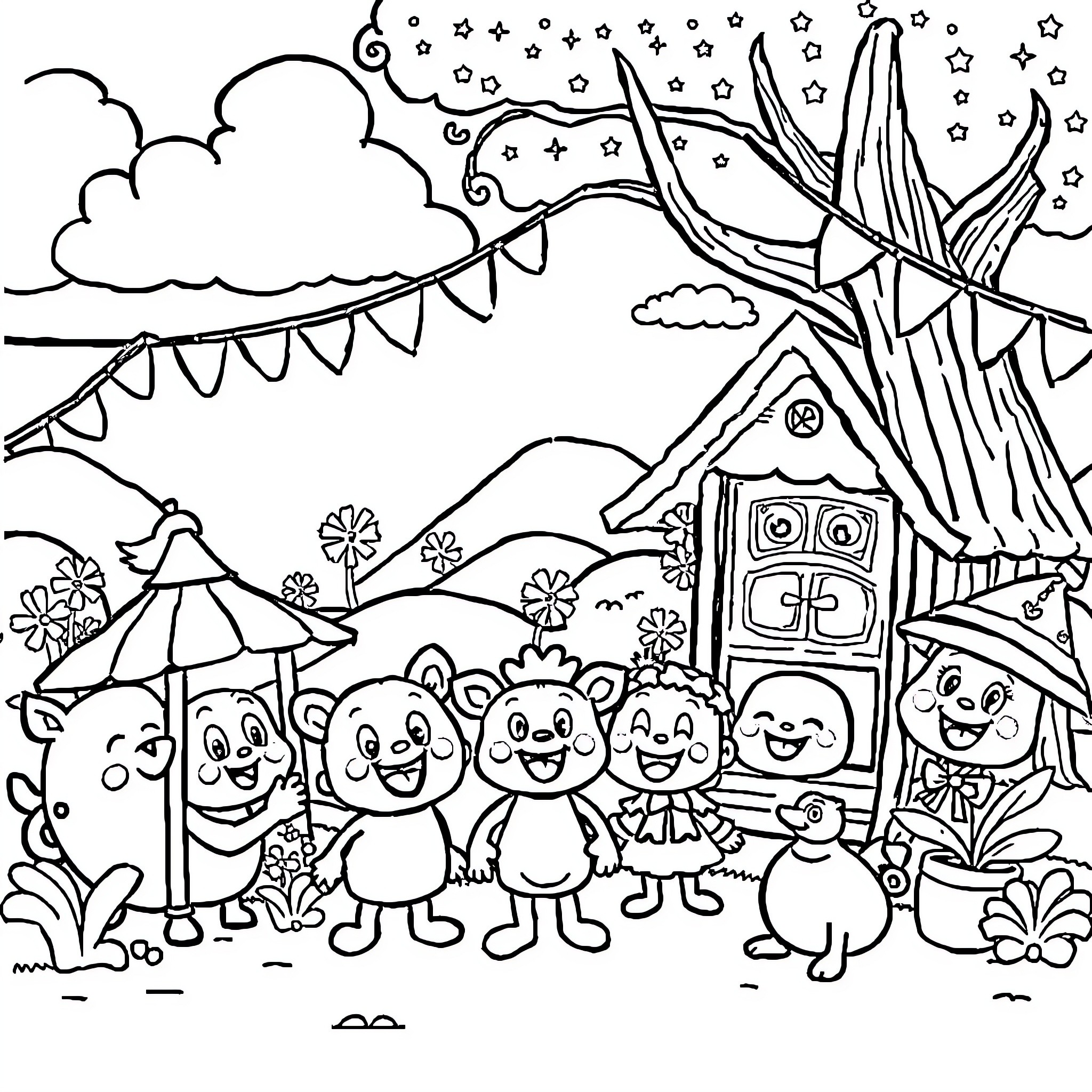 Cartoon characters at a carnival or fair Coloring Page (free black-and-white line drawing printable PDF for all, from beginners to advanced learners, including children, teens, adults, and seniors)