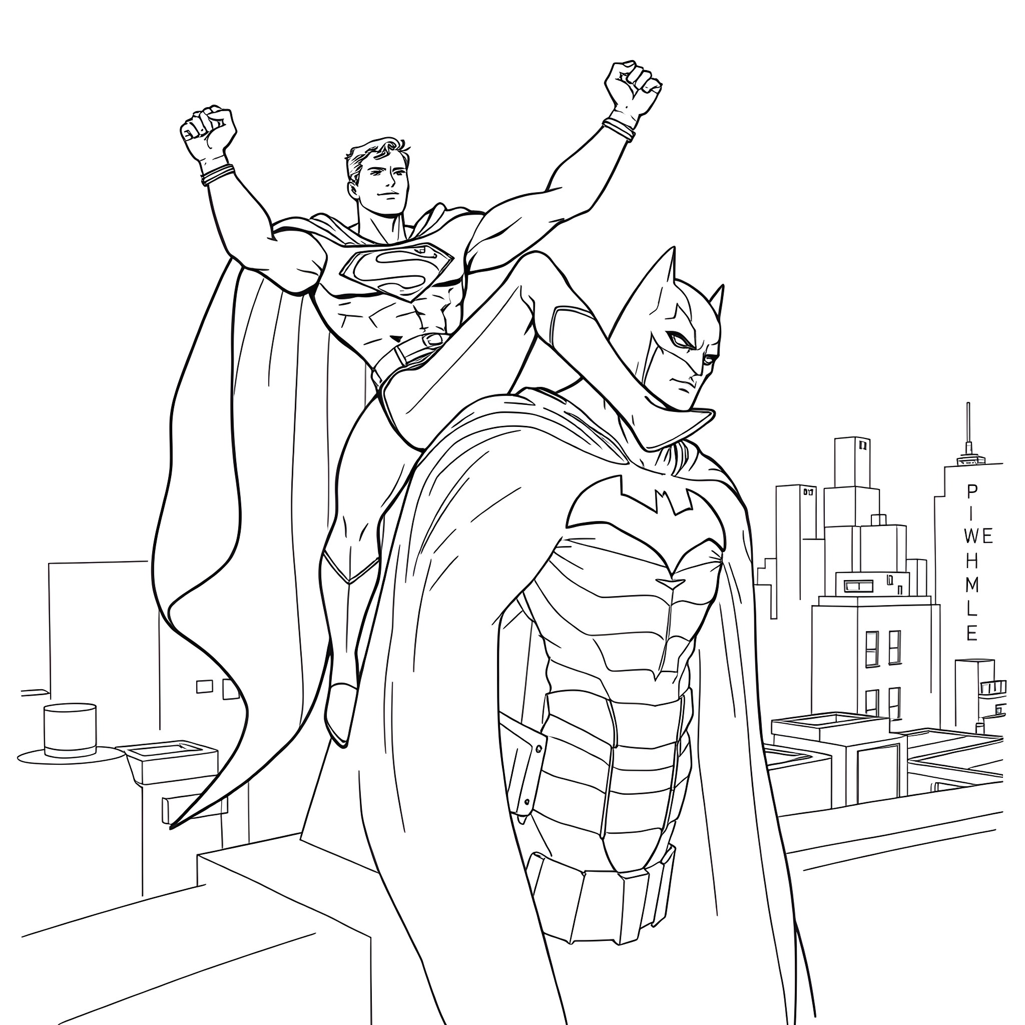 Superman and Batman heroically standing tall in the city Coloring Page (free black-and-white line drawing printable PDF for all, from beginners to advanced learners, including children, teens, adults, and seniors)