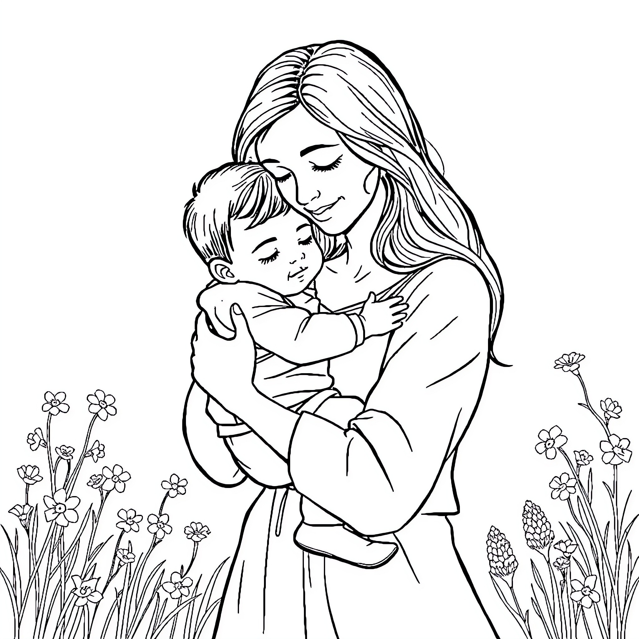 Mother Tenderly Embracing Her Child in Floral Garden Coloring Page (free black-and-white line drawing printable PDF for all, from beginners to advanced learners, including children, teens, adults, and seniors)