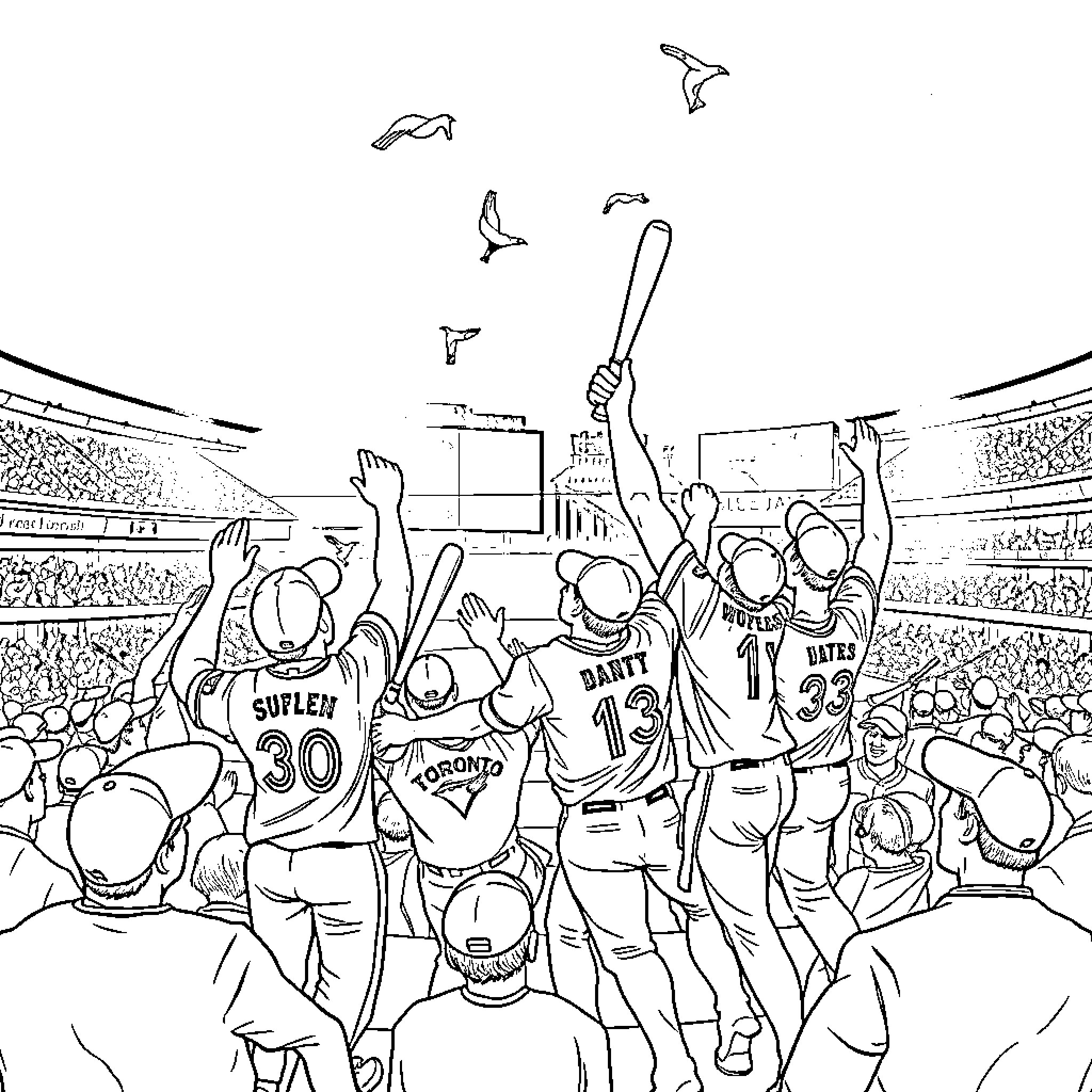 Blue Jay Fans Cheering Excitedly at a Sports Event Coloring Page (free black-and-white line drawing printable PDF for all, from beginners to advanced learners, including children, teens, adults, and seniors)