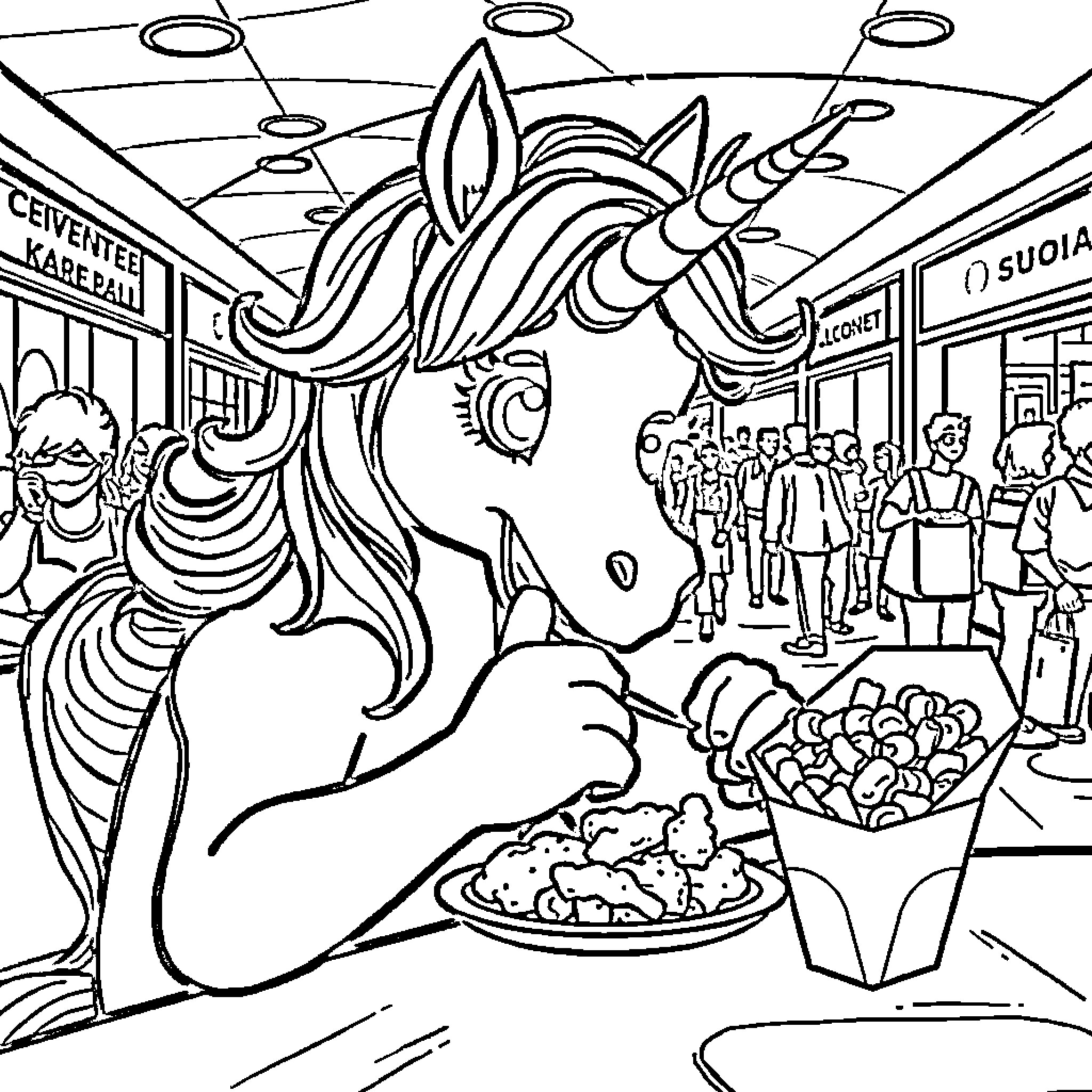 Unicorn serving snacks in a bustling marketplace Coloring Page (free black-and-white line drawing printable PDF for all, from beginners to advanced learners, including children, teens, adults, and seniors)
