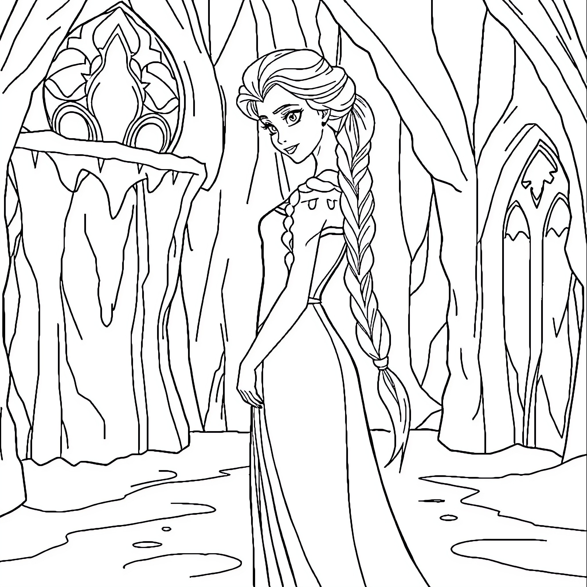 Elsa exploring the icy palace in the mountains Coloring Page (free black-and-white line drawing printable PDF for all, from beginners to advanced learners, including children, teens, adults, and seniors)