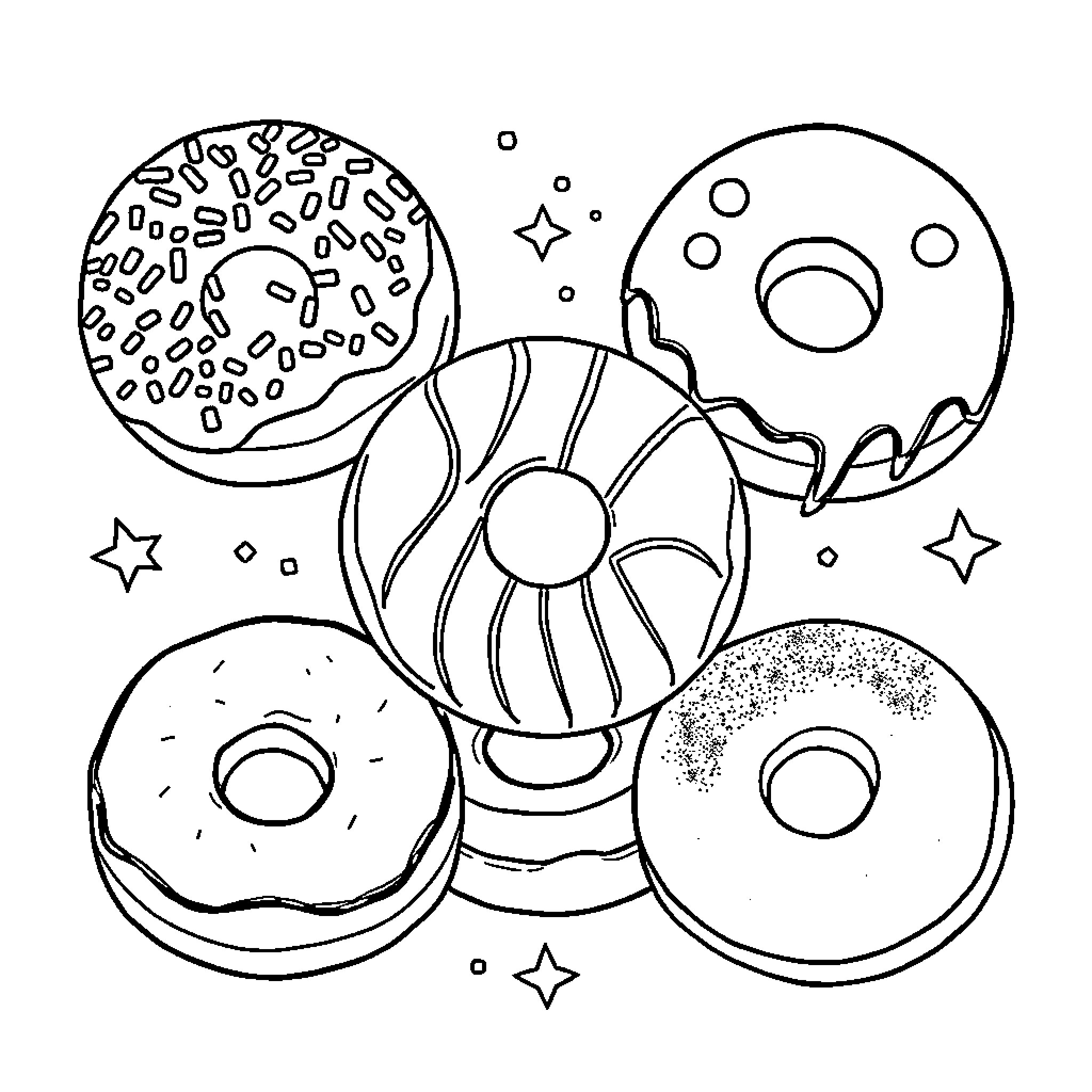 Donut Delight: Whimsical Desserts and Celestial Motifs Coloring Page (free black-and-white line drawing printable PDF for all, from beginners to advanced learners, including children, teens, adults, and seniors)