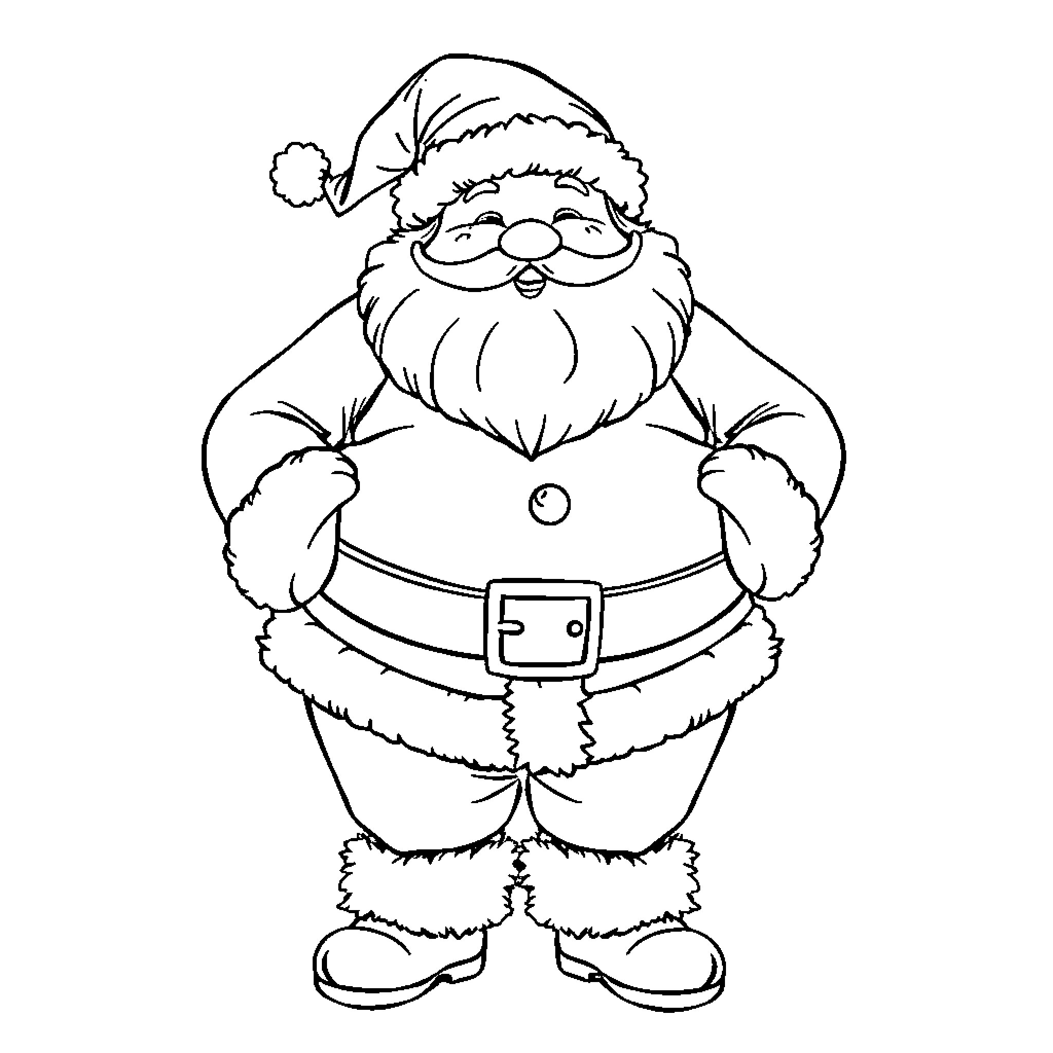 Santa Claus in festive outfit Coloring Page (free black-and-white line drawing printable PDF for all, from beginners to advanced learners, including children, teens, adults, and seniors)