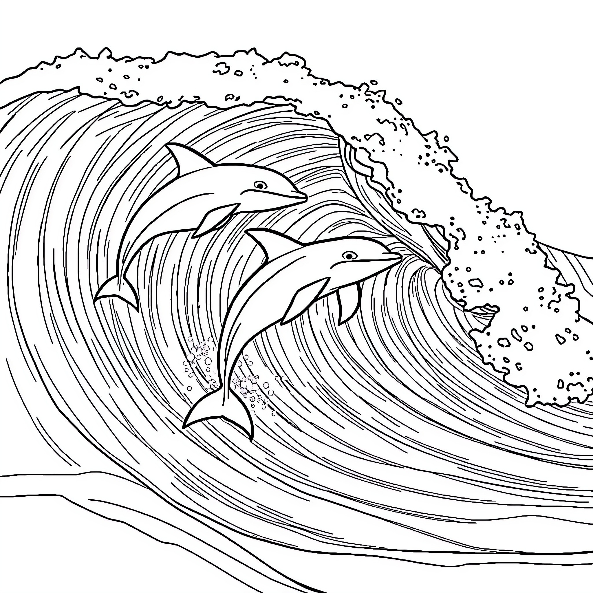 Dolphin pod riding the cresting waves Coloring Page (free black-and-white line drawing printable PDF for all, from beginners to advanced learners, including children, teens, adults, and seniors)