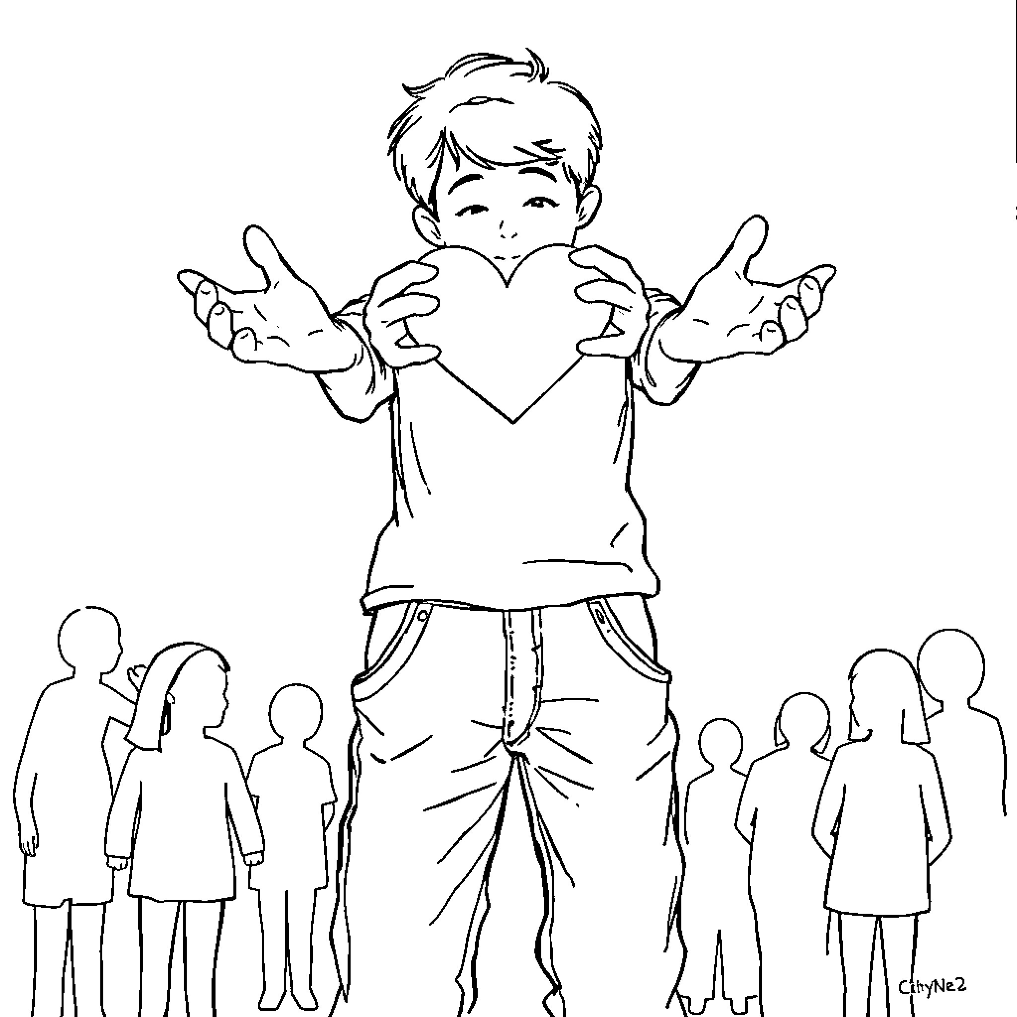 Person offering heart to crowd Coloring Page (free black-and-white line drawing printable PDF for all, from beginners to advanced learners, including children, teens, adults, and seniors)