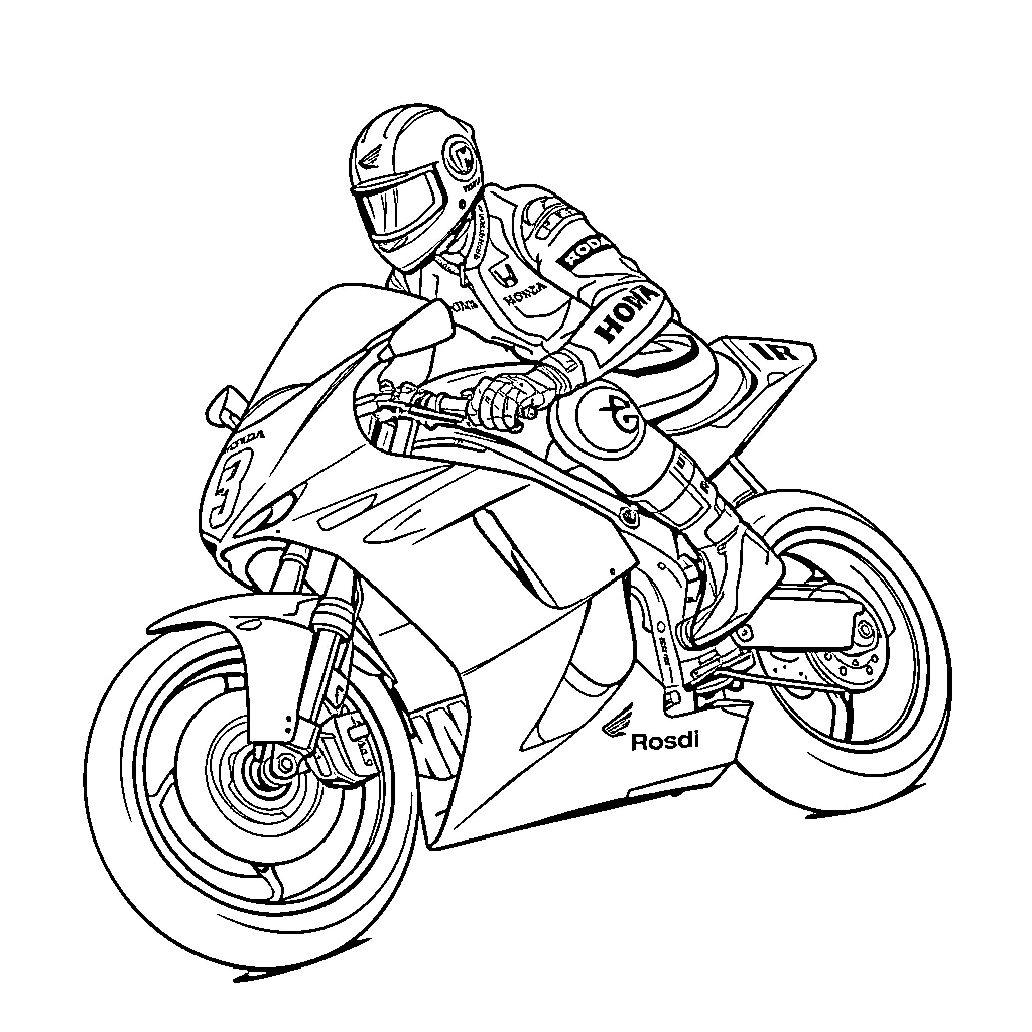 Valentino Rossi riding a high-performance motorcycle Coloring Page (free black-and-white line drawing printable PDF for all, from beginners to advanced learners, including children, teens, adults, and seniors)