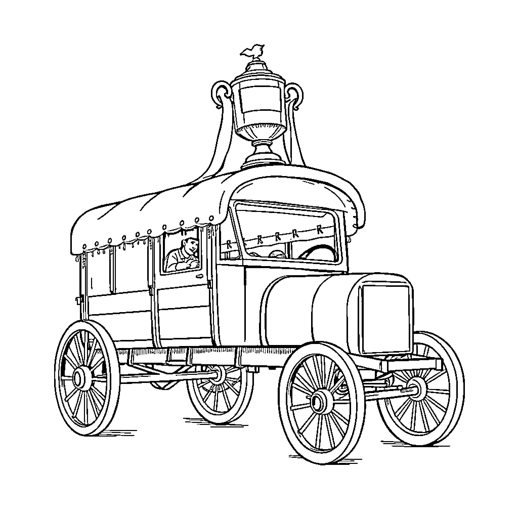 Wagon carrying trophy in parade Coloring Page (free black-and-white line drawing printable PDF for all, from beginners to advanced learners, including children, teens, adults, and seniors)