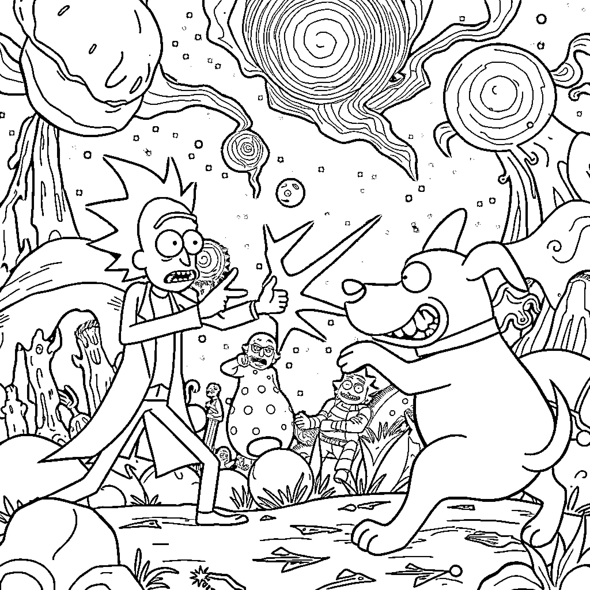 Rick And Morty's Psychedelic Adventure Coloring Page (free black-and-white line drawing printable PDF for all, from beginners to advanced learners, including children, teens, adults, and seniors)