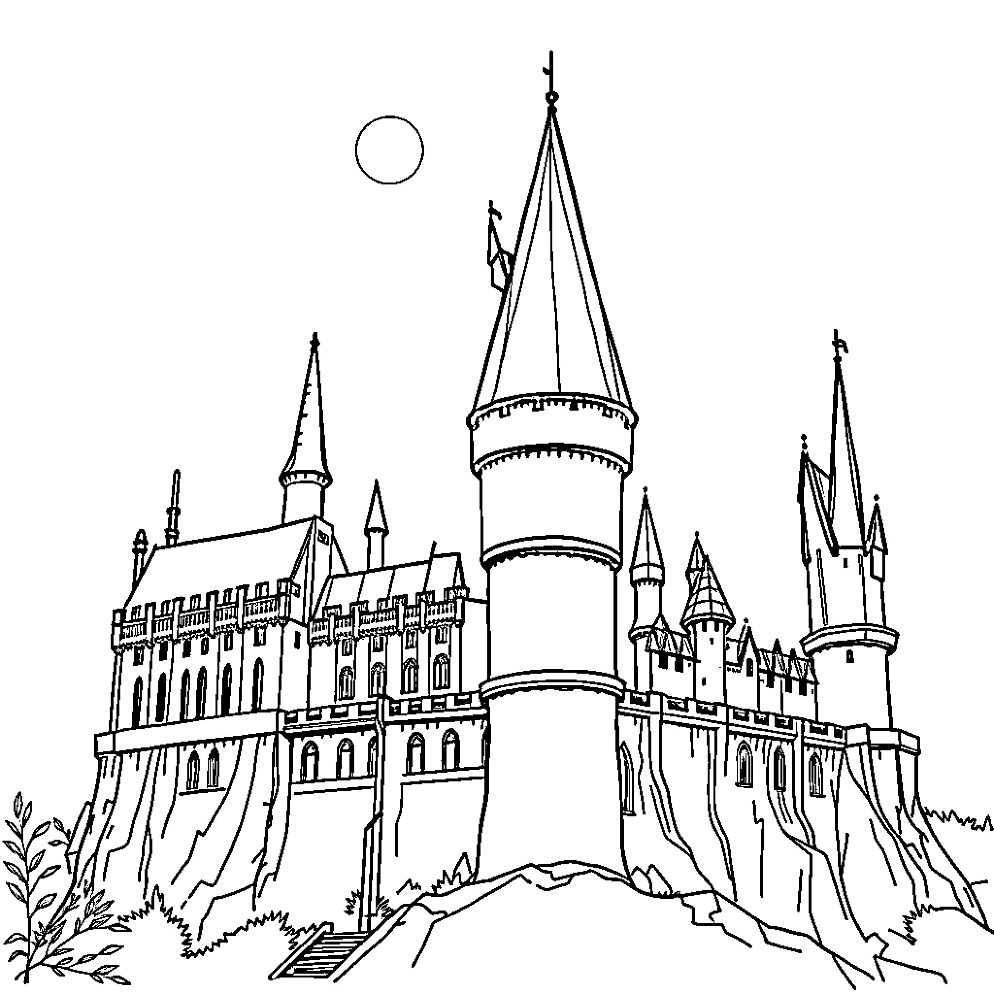 Hogwarts Castle in Enchanting Silhouette Coloring Page (free black-and-white line drawing printable PDF for all, from beginners to advanced learners, including children, teens, adults, and seniors)