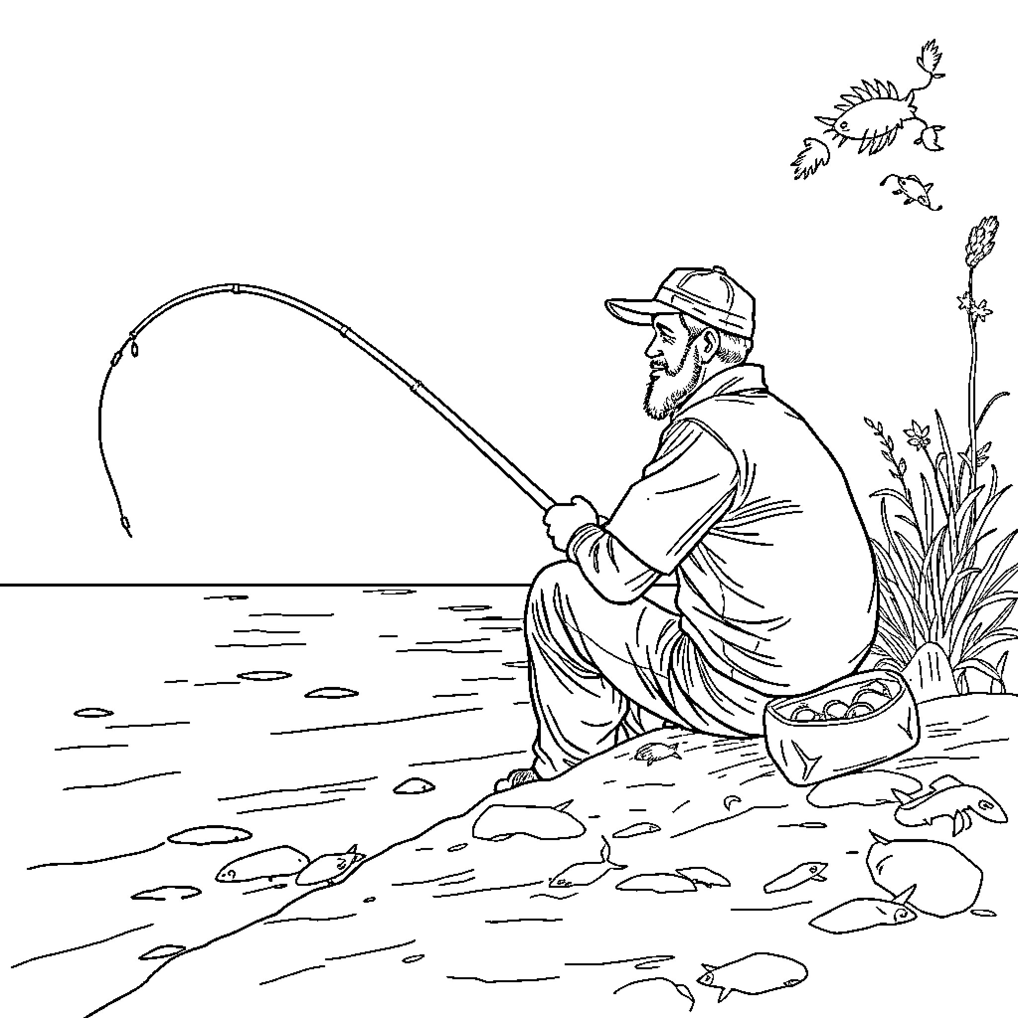 Worker Fishing Peacefully by the River Coloring Page (free black-and-white line drawing printable PDF for all, from beginners to advanced learners, including children, teens, adults, and seniors)