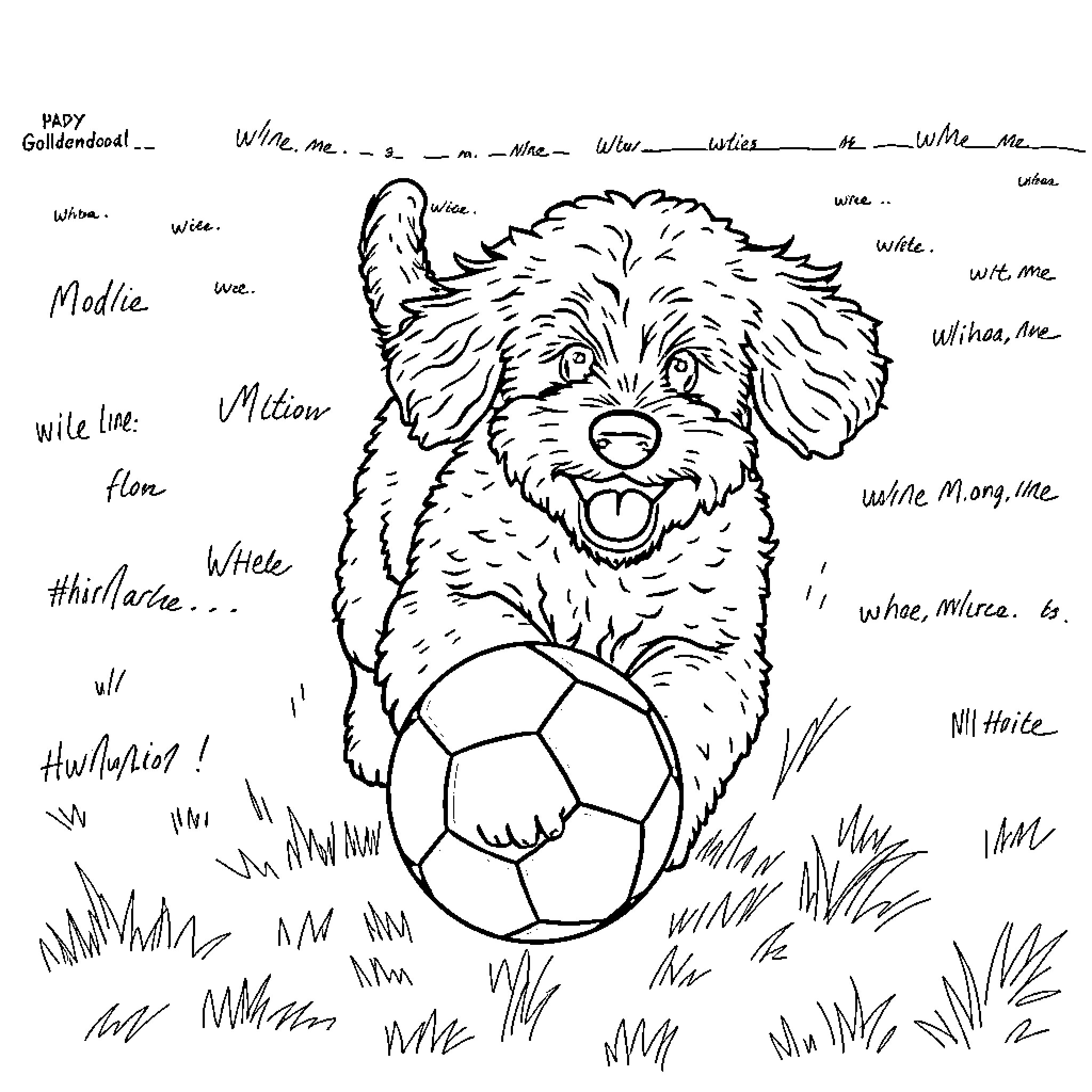 Goldendoodle playing with soccer ball in the park Coloring Page (free black-and-white line drawing printable PDF for all, from beginners to advanced learners, including children, teens, adults, and seniors)