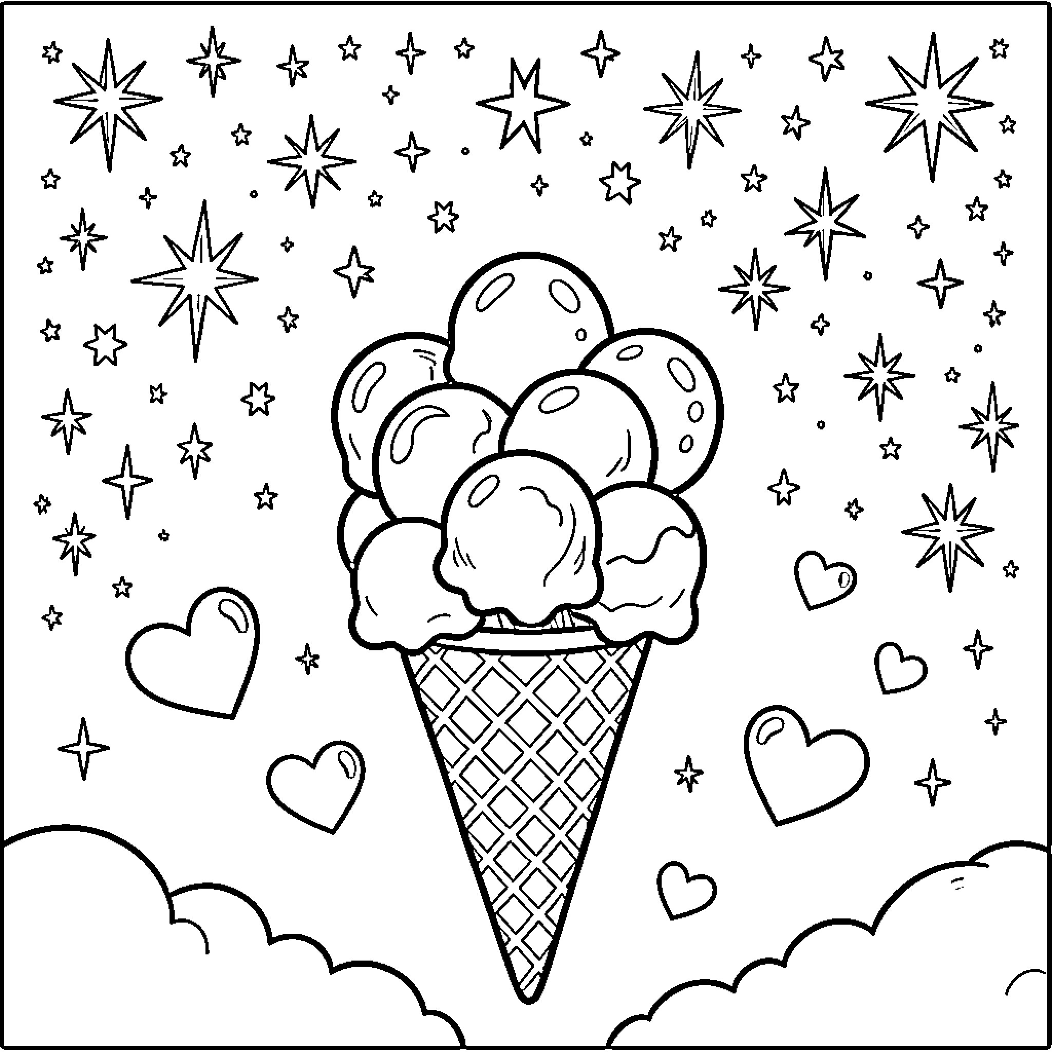 Star Ice Cream Treat in Starry Night Sky Coloring Page (free black-and-white line drawing printable PDF for all, from beginners to advanced learners, including children, teens, adults, and seniors)