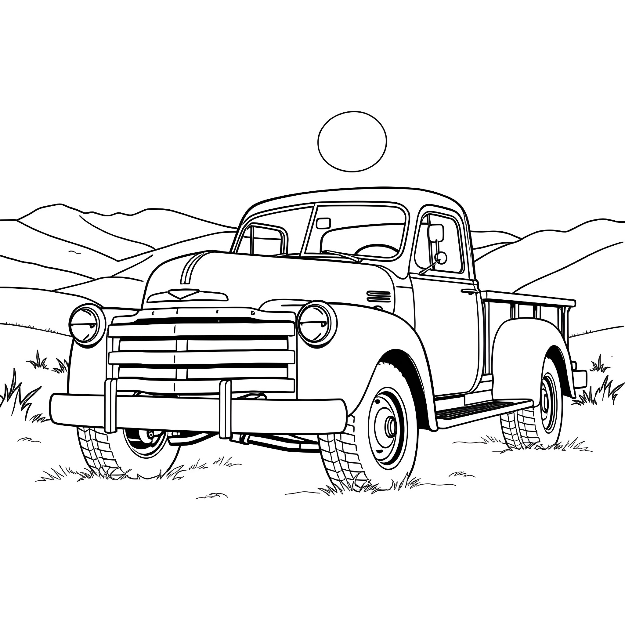 Truck carrying goods through the countryside Coloring Page (free black-and-white line drawing printable PDF for all, from beginners to advanced learners, including children, teens, adults, and seniors)