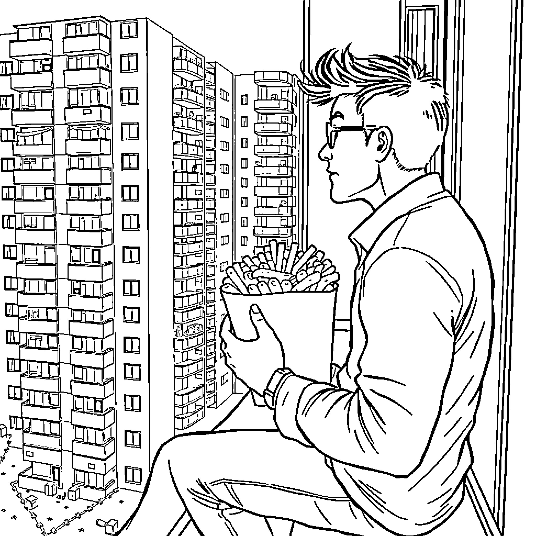 Guy enjoying a snack while observing the city Coloring Page (free black-and-white line drawing printable PDF for all, from beginners to advanced learners, including children, teens, adults, and seniors)