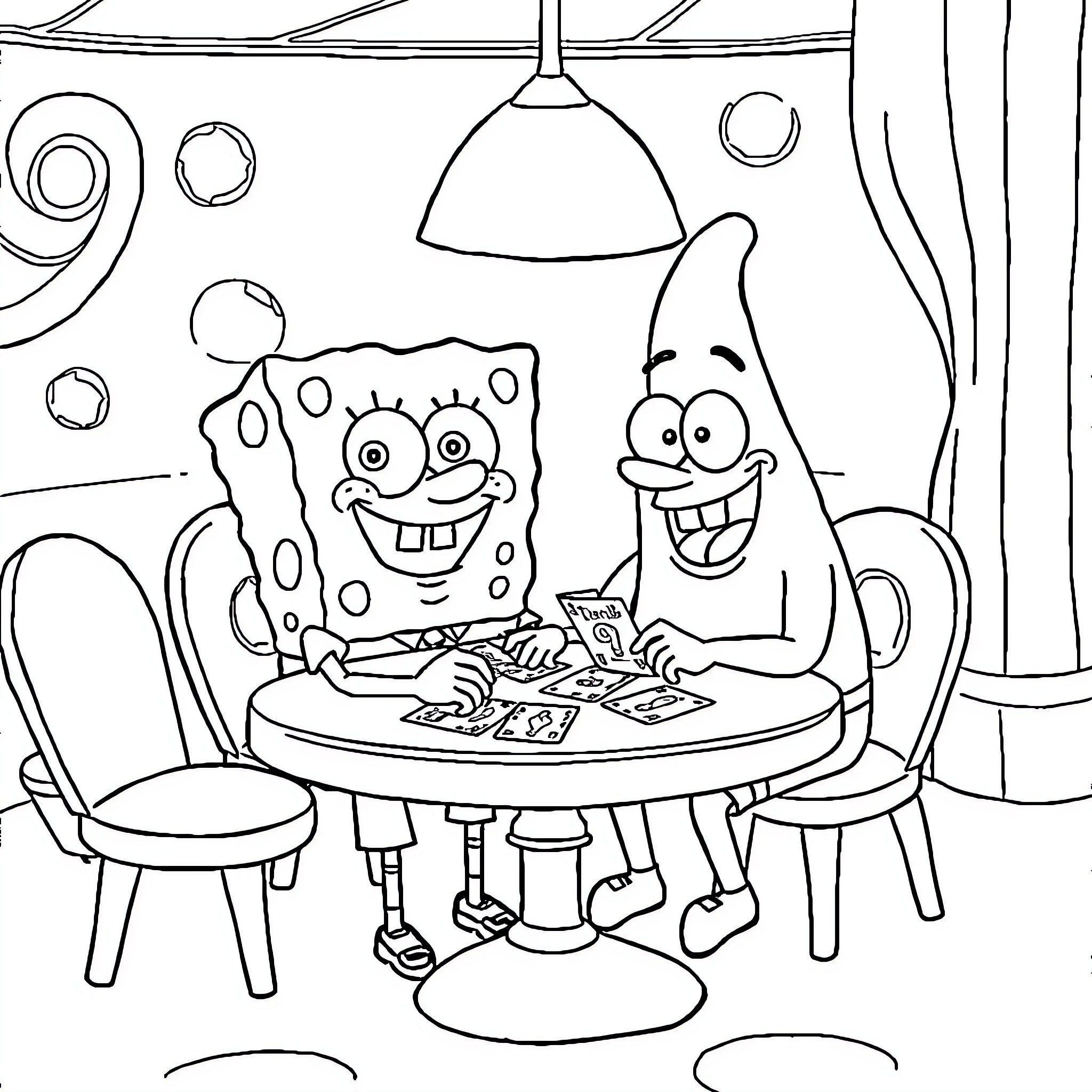 Spongebob and Patrick playing cards at the table Coloring Page (free black-and-white line drawing printable PDF for all, from beginners to advanced learners, including children, teens, adults, and seniors)