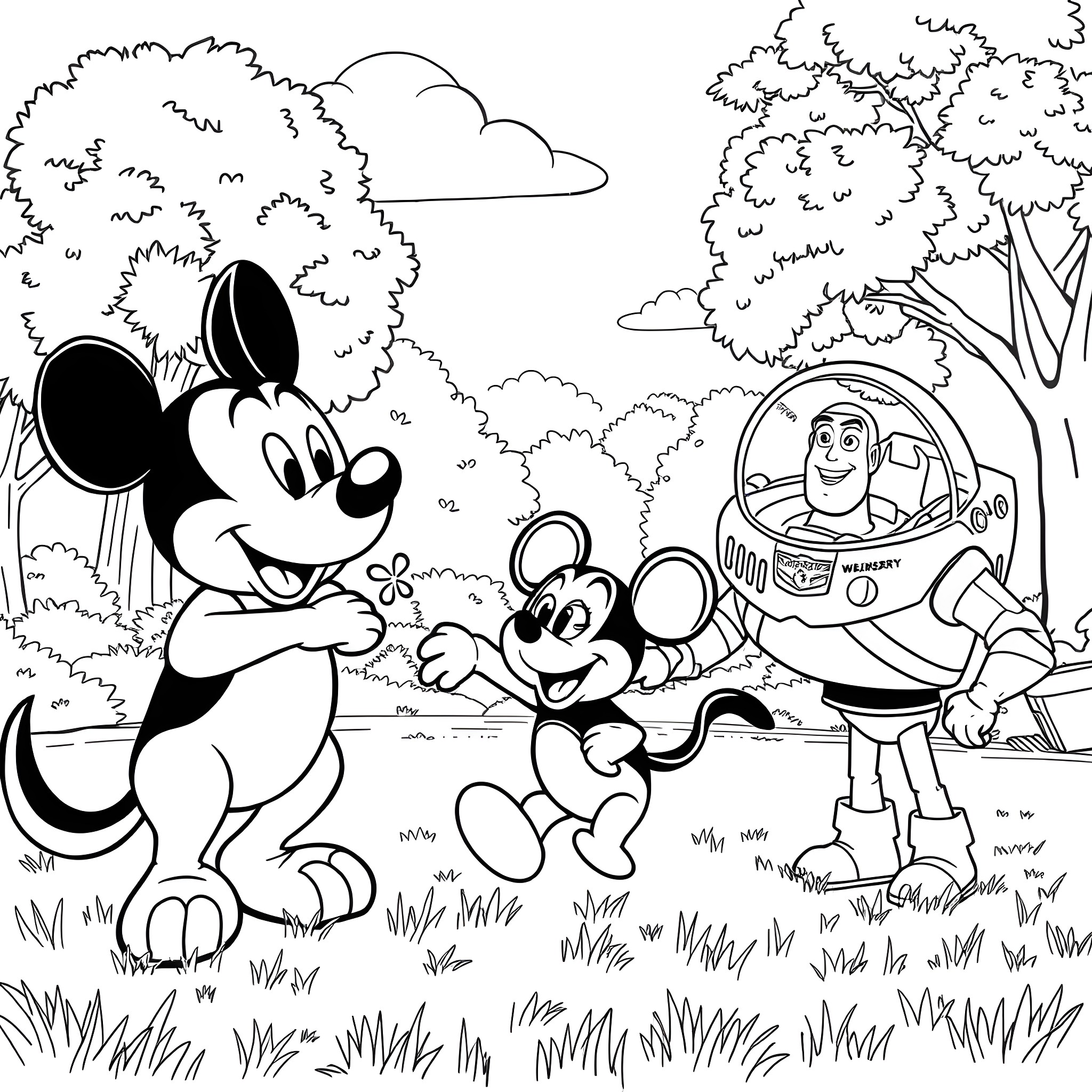 German Shepherd Playfully Interacts with Cartoon Characters in Nature Coloring Page (free black-and-white line drawing printable PDF for all, from beginners to advanced learners, including children, teens, adults, and seniors)