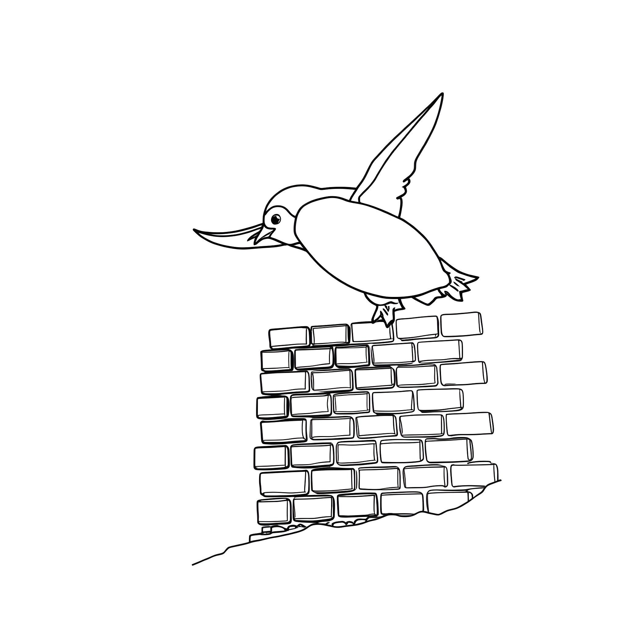 Penguin perched on a brick wall Coloring Page (free black-and-white line drawing printable PDF for all, from beginners to advanced learners, including children, teens, adults, and seniors)