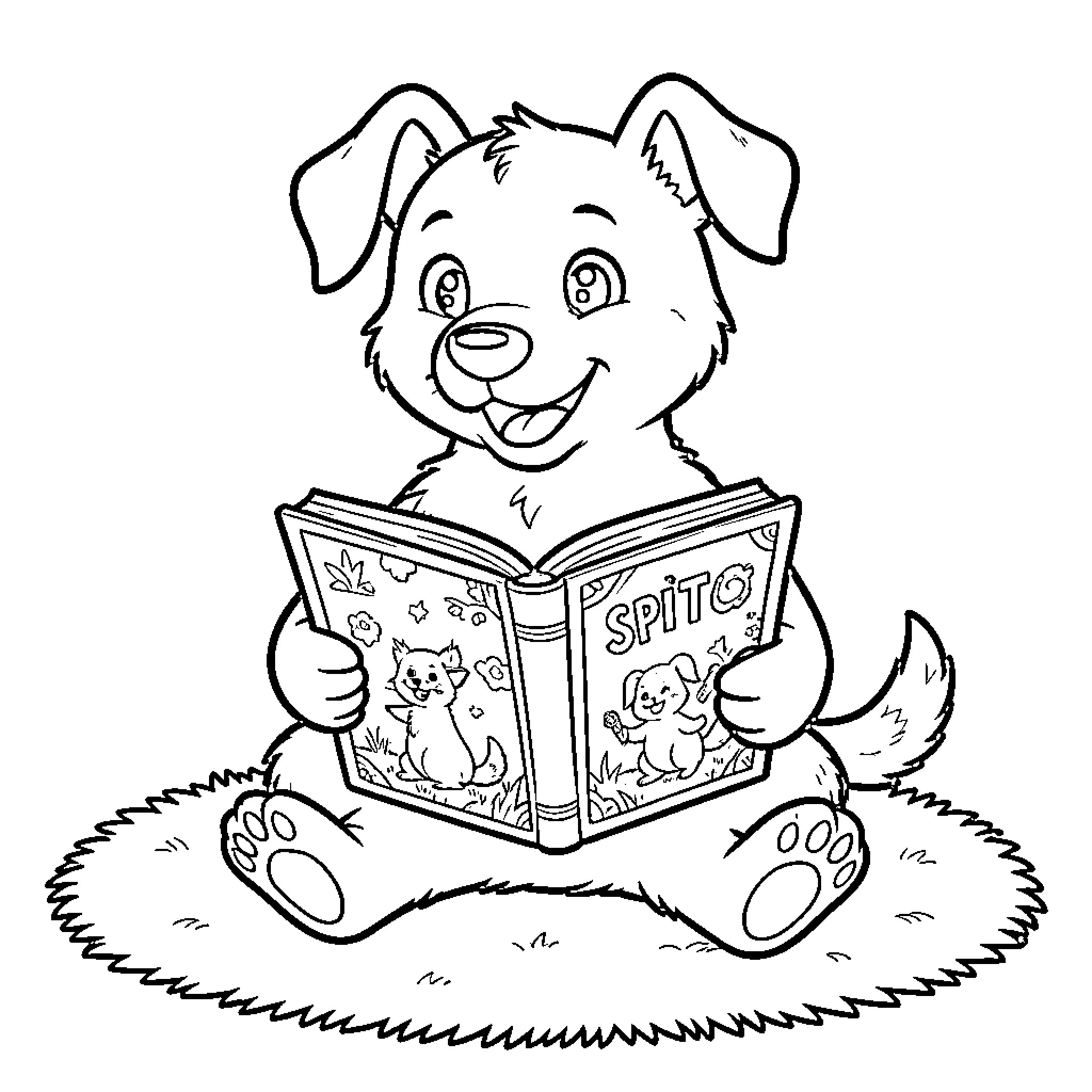 Dog reading a book happily Coloring Page (free black-and-white line drawing printable PDF for all, from beginners to advanced learners, including children, teens, adults, and seniors)