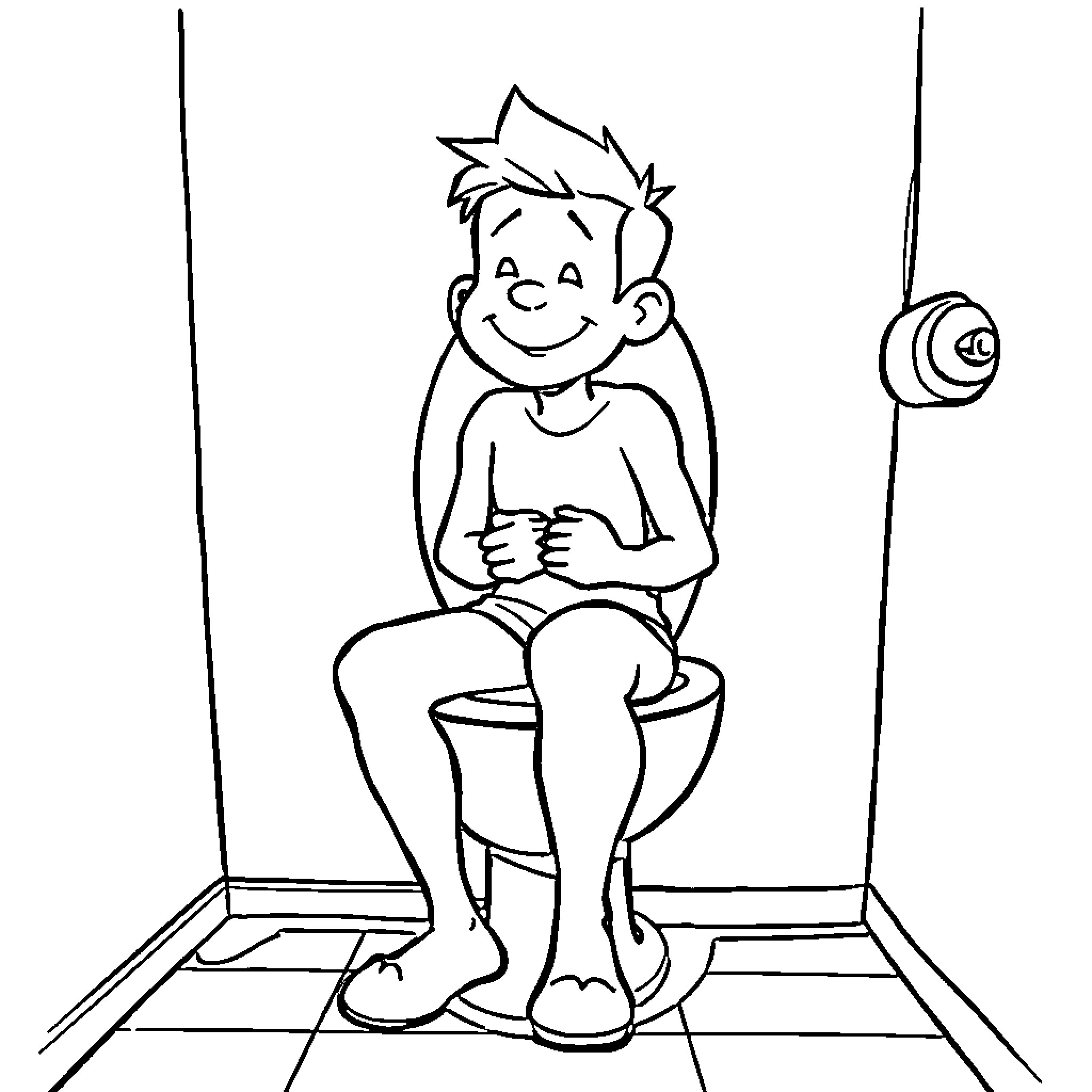 Toilet humor: Boy giggling on the toilet Coloring Page (free black-and-white line drawing printable PDF for all, from beginners to advanced learners, including children, teens, adults, and seniors)