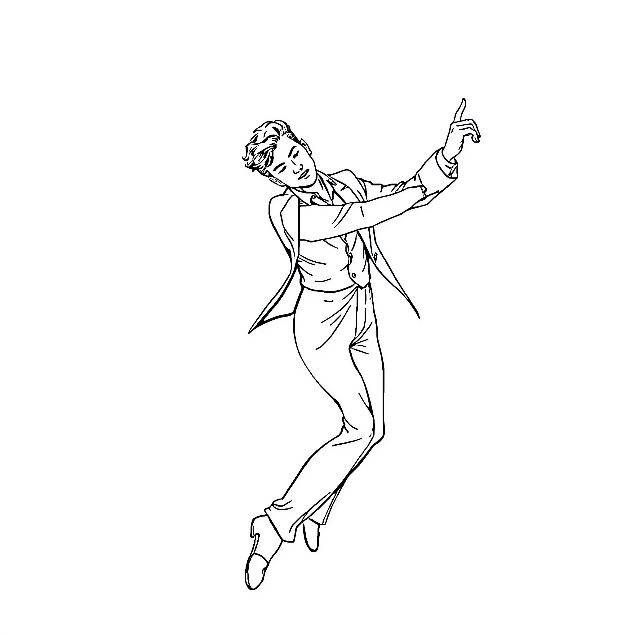 Julien Thiebaux dancing expressively in a suit Coloring Page (free black-and-white line drawing printable PDF for all, from beginners to advanced learners, including children, teens, adults, and seniors)