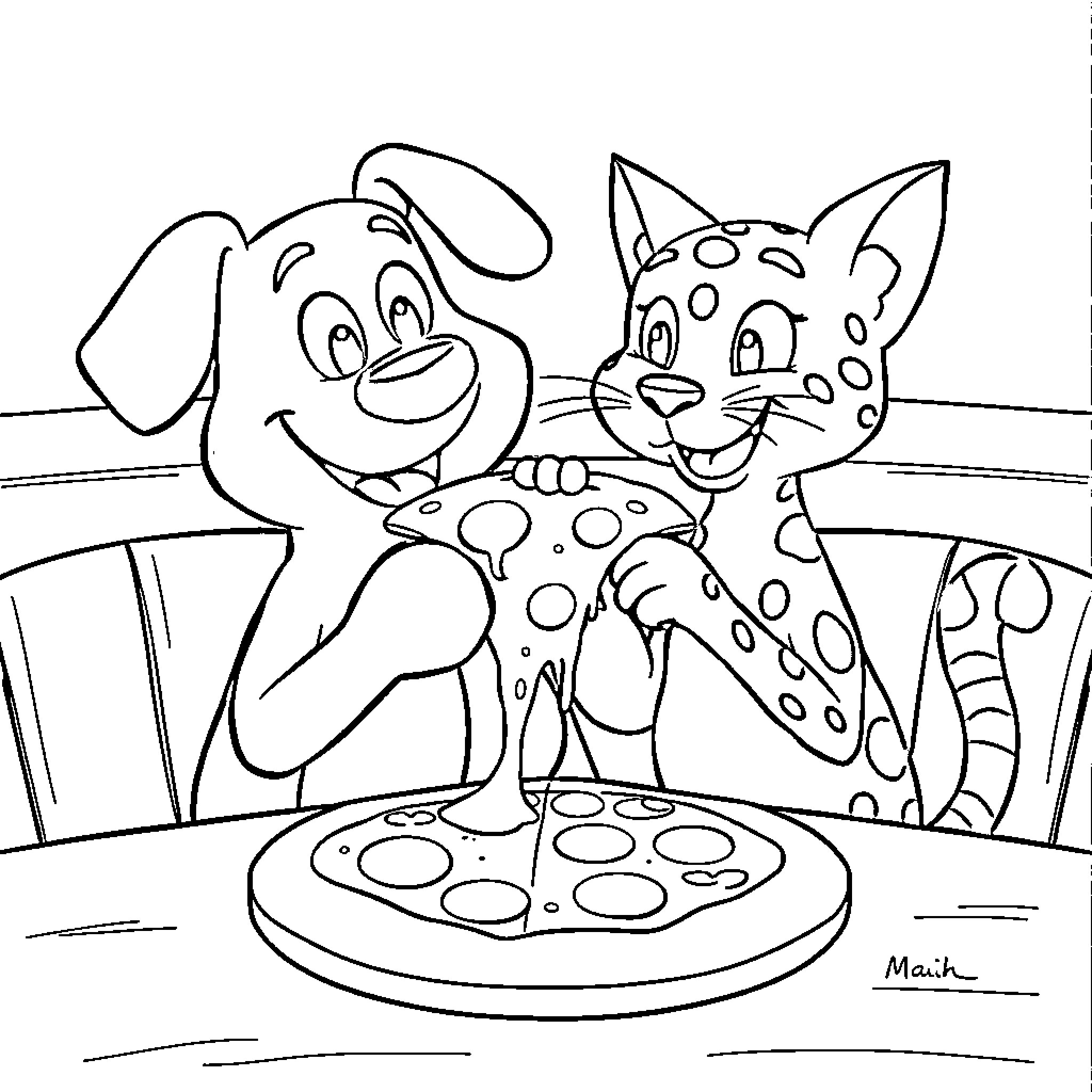 Bluey and friends enjoy a tasty pizza together Coloring Page (free black-and-white line drawing printable PDF for all, from beginners to advanced learners, including children, teens, adults, and seniors)