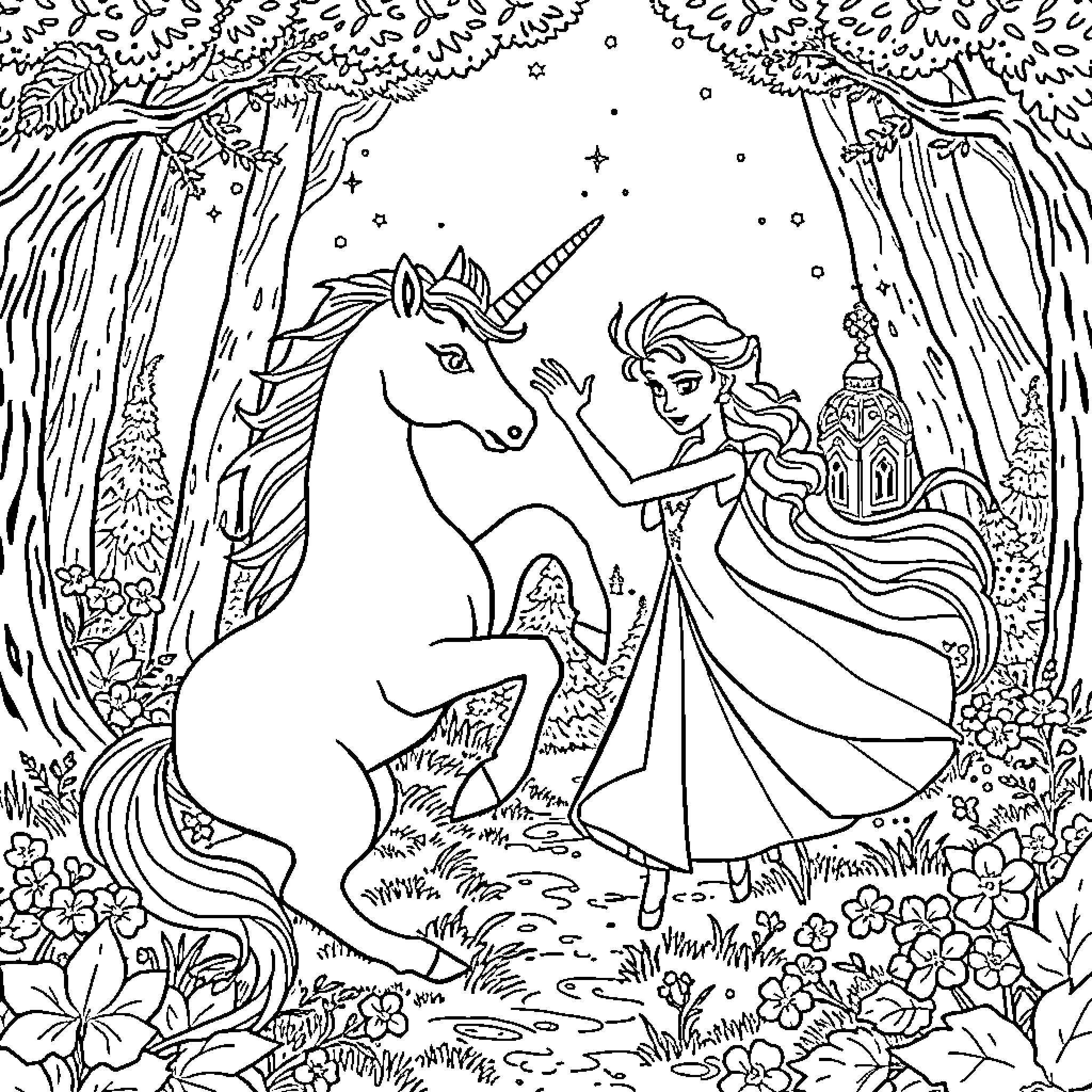 Unicorn and princess in enchanted forest Coloring Page (free black-and-white line drawing printable PDF for all, from beginners to advanced learners, including children, teens, adults, and seniors)